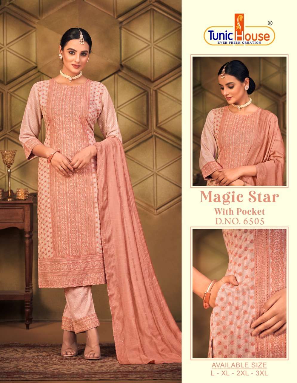 tunic house magic star viscose regal look top bottom with dupatta size set