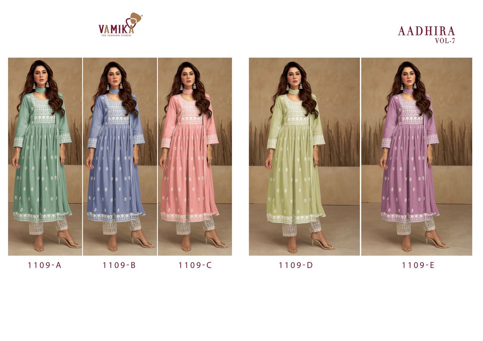 vamika aadhira vol 7 d no 1109A TO 1109E Reyon decent embroidery look top bottom with dupatta catalog