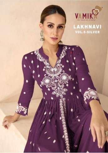 vamika lakhnavi vol 6 silver d no 1031 f to 1031 j  reyon newand modern look top plazo with dupatta catalog