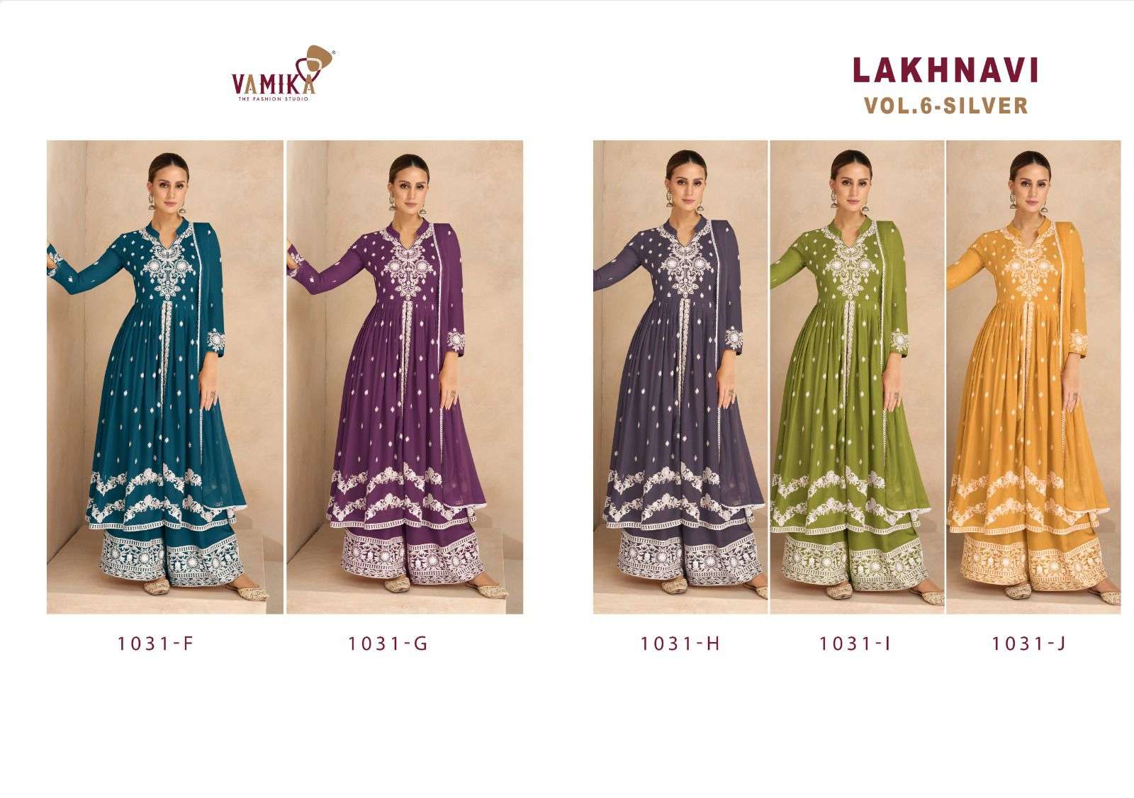 vamika lakhnavi vol 6 silver d no 1031 f to 1031 j  reyon newand modern look top plazo with dupatta catalog