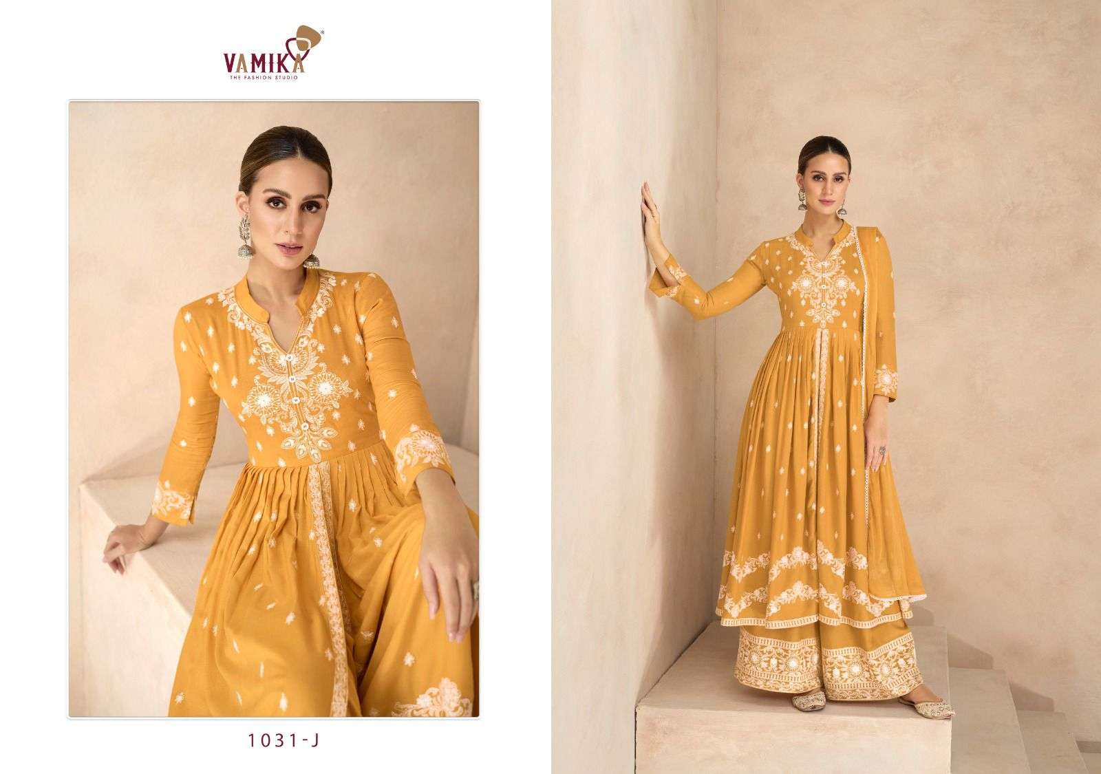 vamika lakhnavi vol 6 silver d no 1031 f to 1031 j  reyon newand modern look top plazo with dupatta catalog