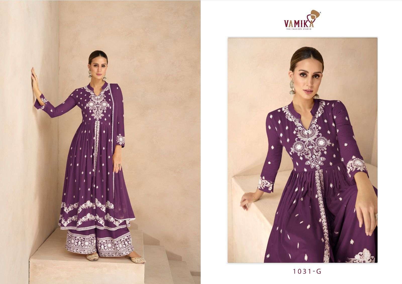 vamika lakhnavi vol 6 silver d no 1031 f to 1031 j  reyon newand modern look top plazo with dupatta catalog