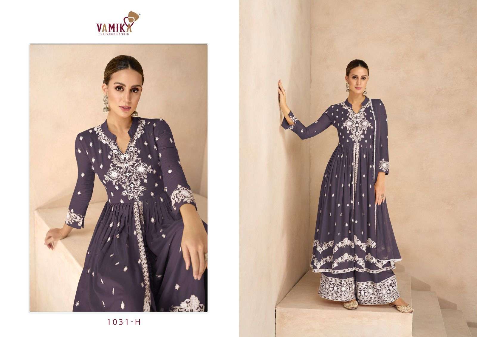 vamika lakhnavi vol 6 silver d no 1031 f to 1031 j  reyon newand modern look top plazo with dupatta catalog