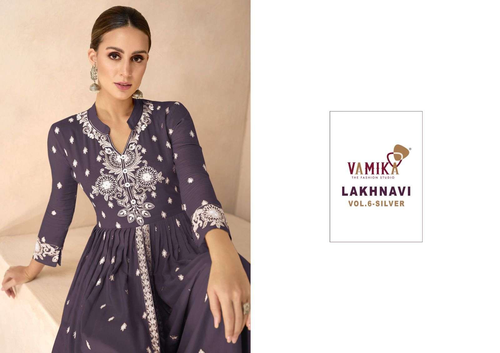 vamika lakhnavi vol 6 silver d no 1031 f to 1031 j  reyon newand modern look top plazo with dupatta catalog