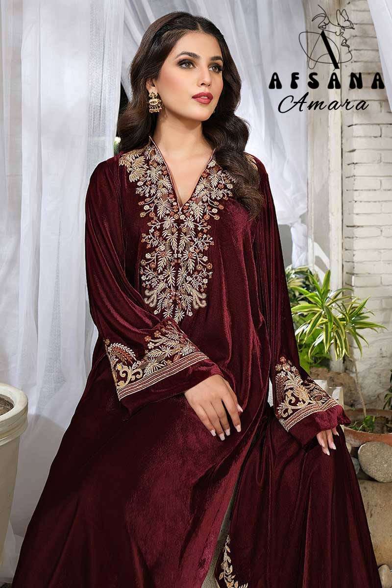 afsana amara 2024 velvet collection  velvet regal look top bottom with dupatta size set