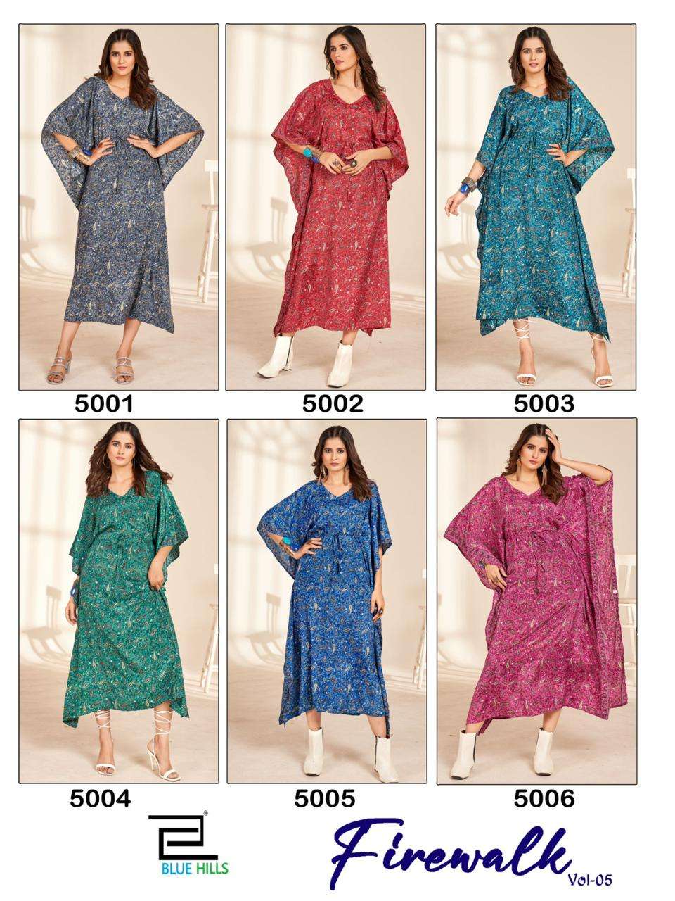 blue hills FIRE WALK vol 5 crape kaftan decent look kurti catalog