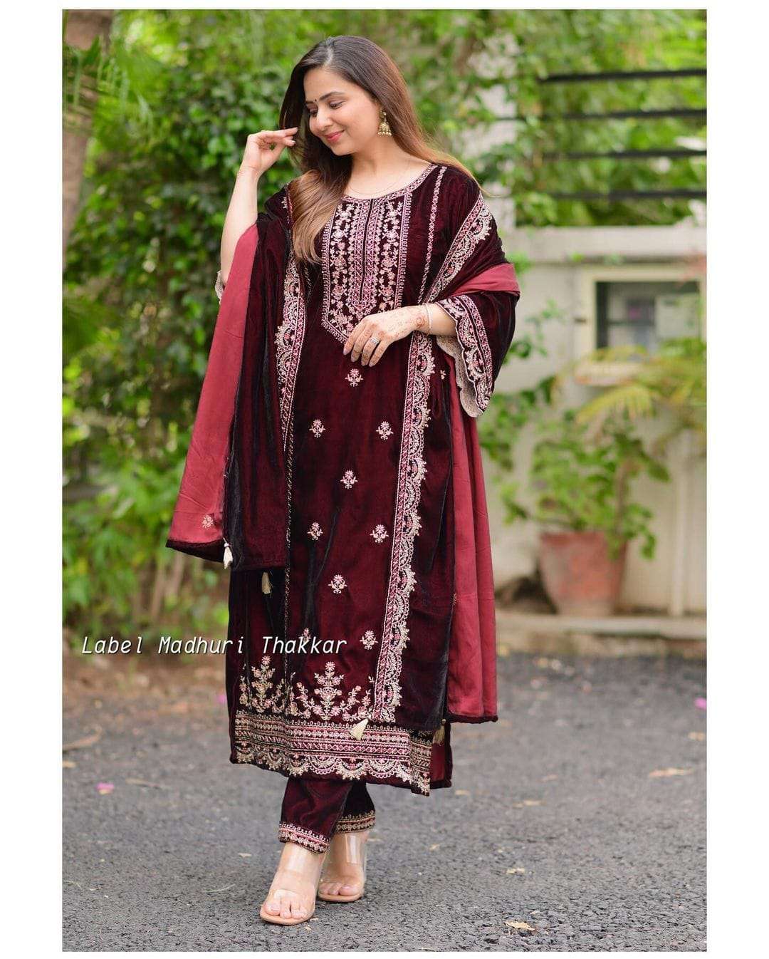 afsana asarwa d no 2055 velvet exclusive embroidery look top bottom with dupatta size set