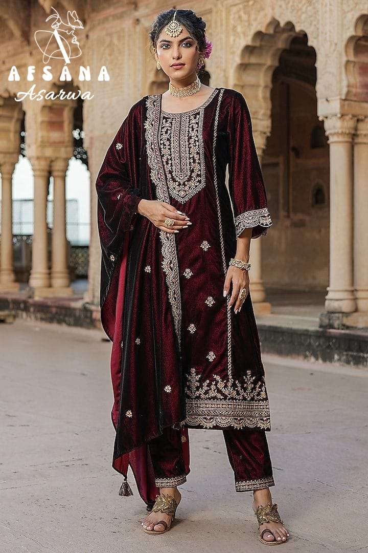 afsana asarwa d no 2055 velvet exclusive embroidery look top bottom with dupatta size set