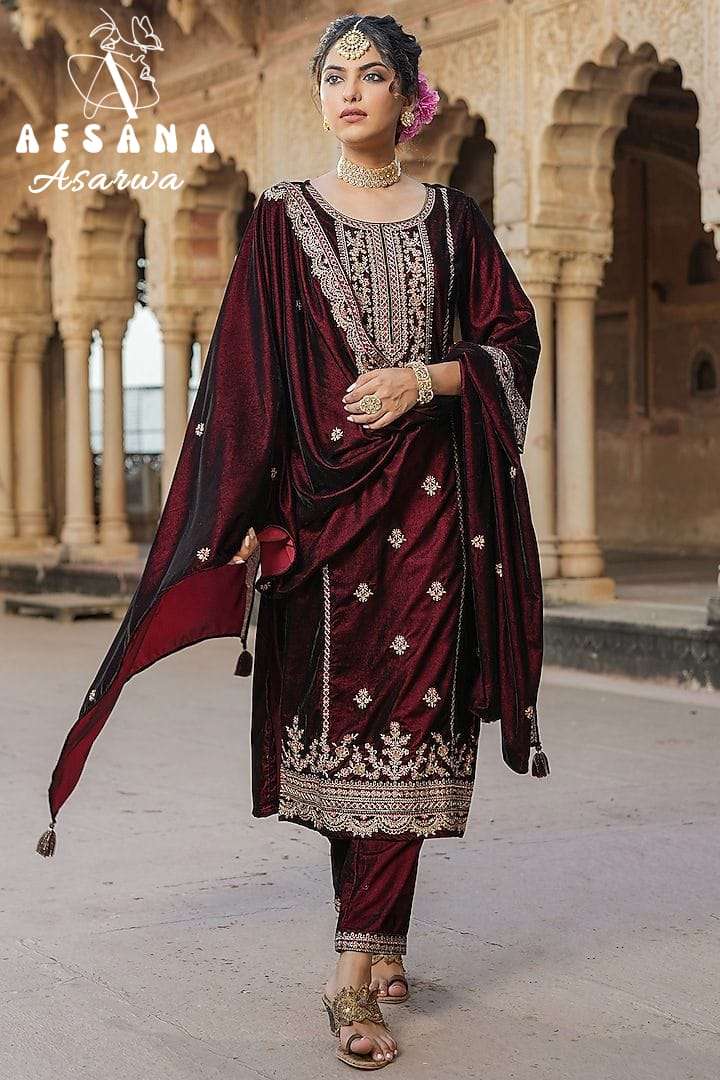 afsana asarwa d no 2055 velvet exclusive embroidery look top bottom with dupatta size set