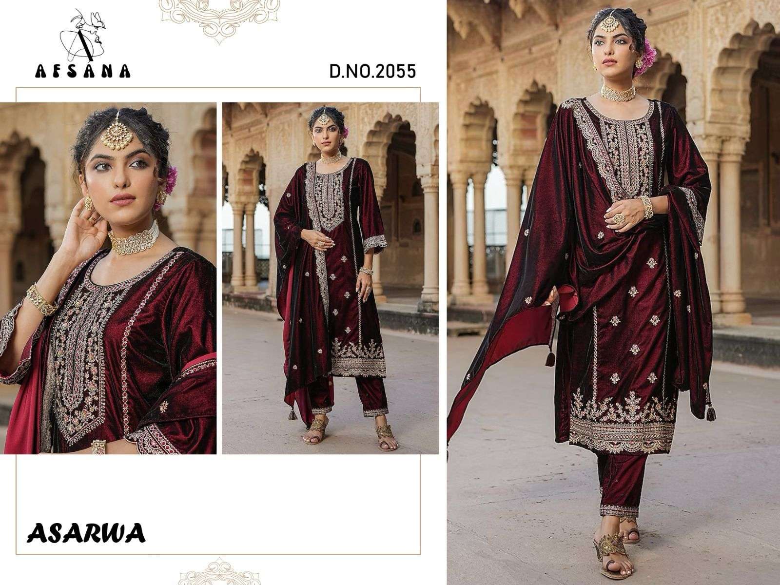 afsana asarwa d no 2055 velvet exclusive embroidery look top bottom with dupatta size set