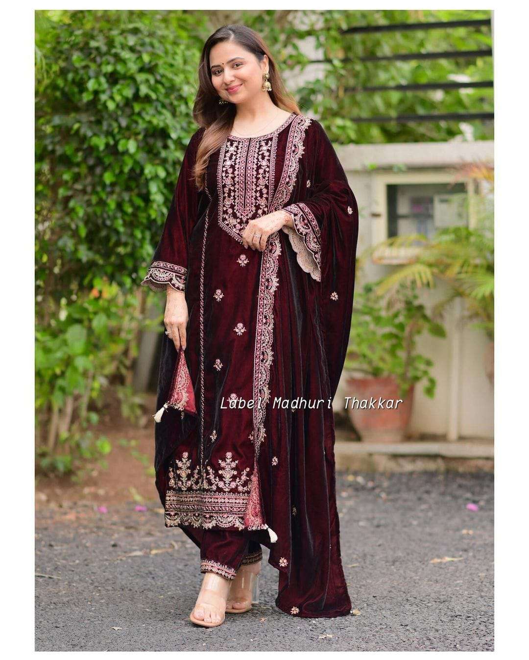 afsana asarwa d no 2055 velvet exclusive embroidery look top bottom with dupatta size set