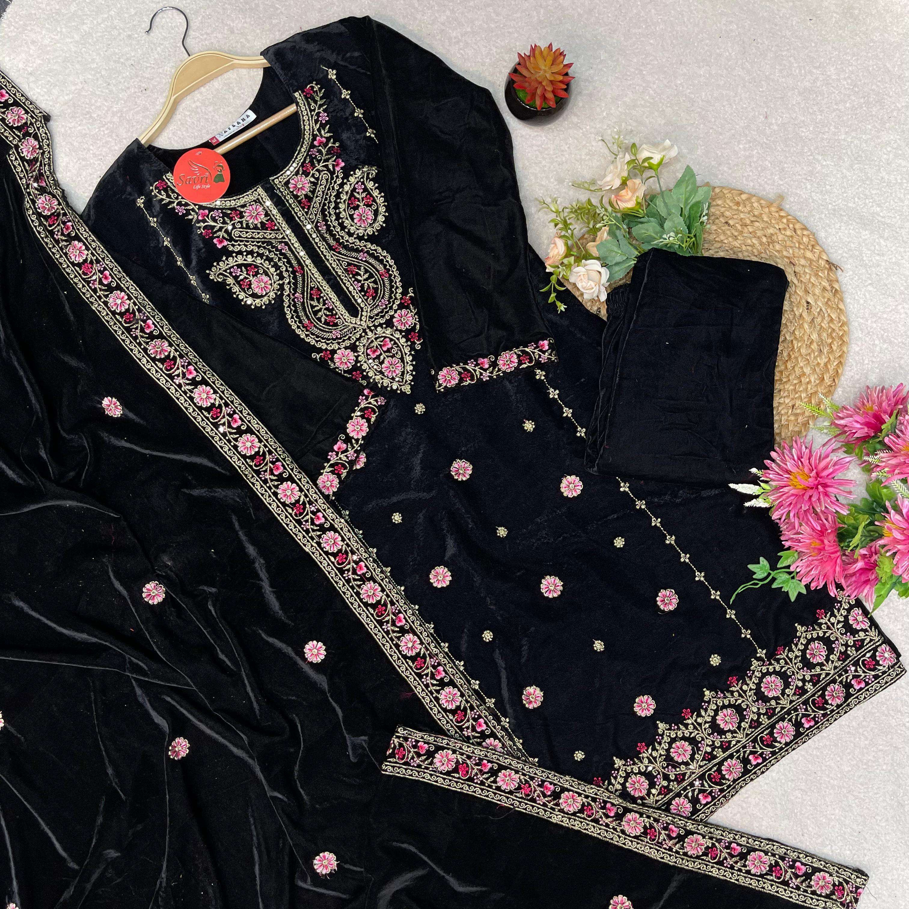 afsana d no 2060 velvet beautiful embroidery look top bottom with dupatta size set