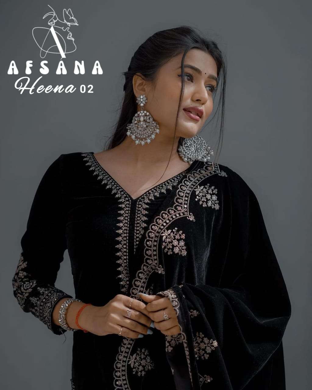 afsana heena 2 velvet catchy embroidery look top bottom with dupatta size set