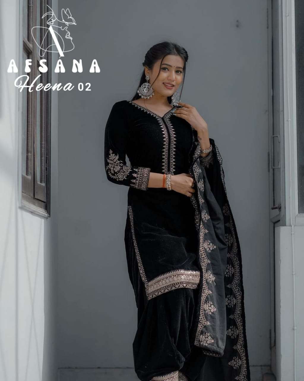 afsana heena 2 velvet catchy embroidery look top bottom with dupatta size set