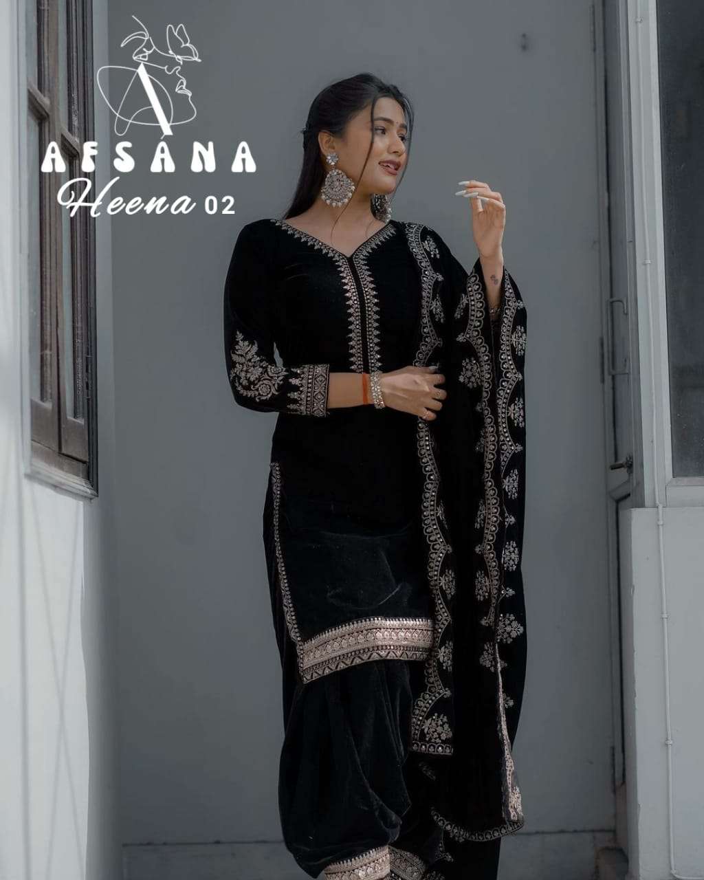 afsana heena 2 velvet catchy embroidery look top bottom with dupatta size set