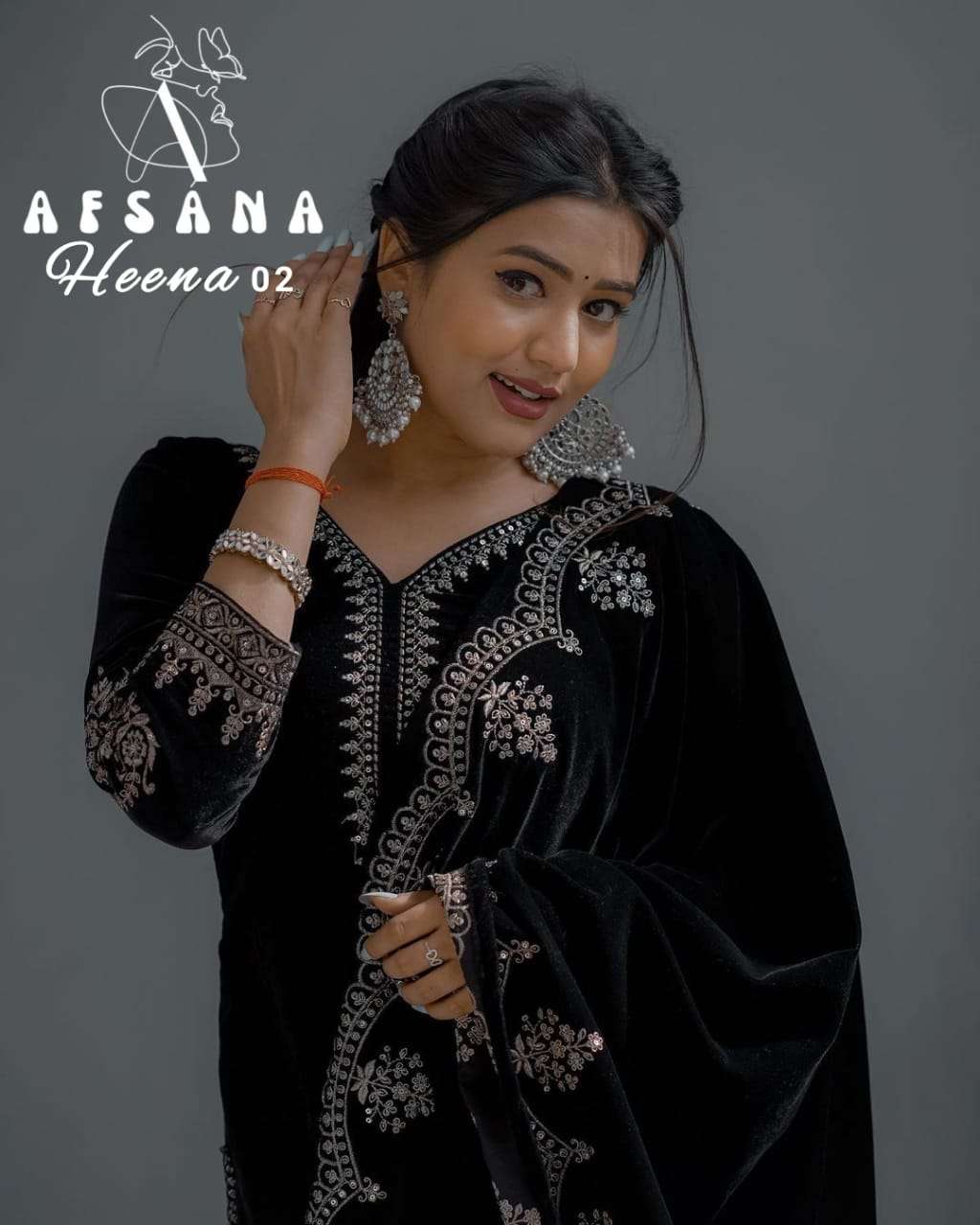 afsana heena 2 velvet catchy embroidery look top bottom with dupatta size set