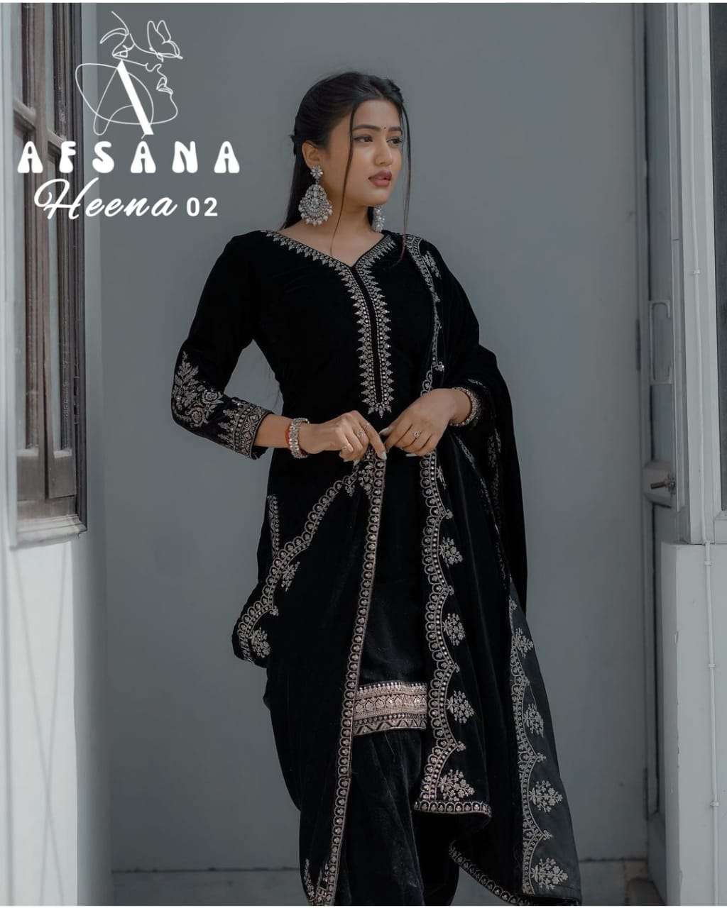 afsana heena 2 velvet catchy embroidery look top bottom with dupatta size set