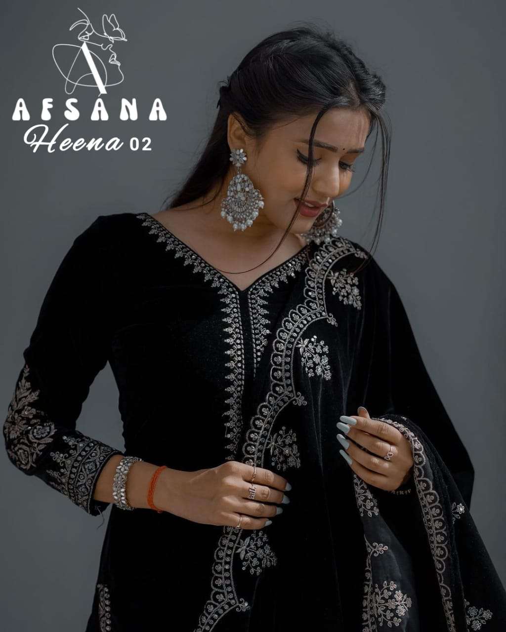 afsana heena 2 velvet catchy embroidery look top bottom with dupatta size set