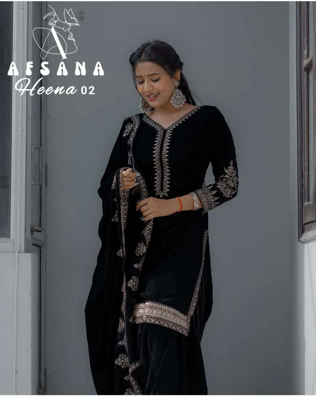 afsana heena 2 velvet catchy embroidery look top bottom with dupatta size set