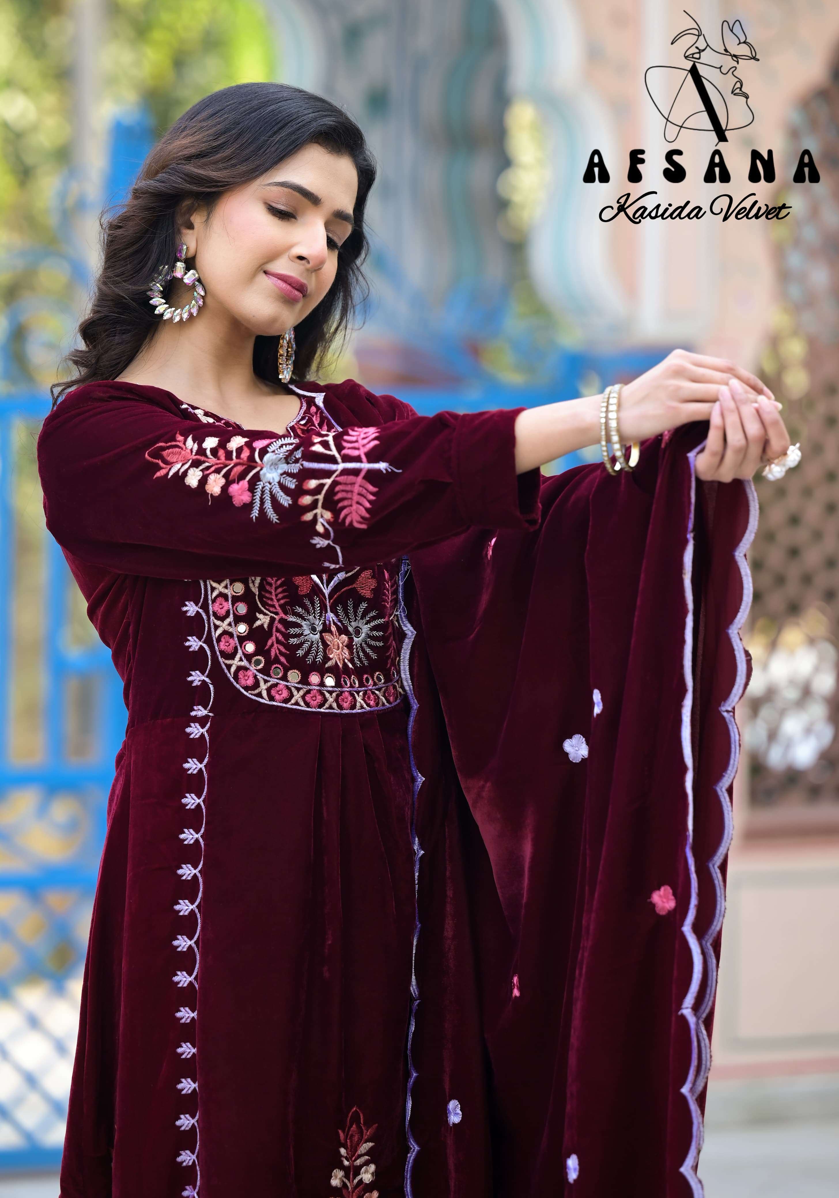 afsana kasida velvet velvet innovative embroidery look top bottom with dupatta size set