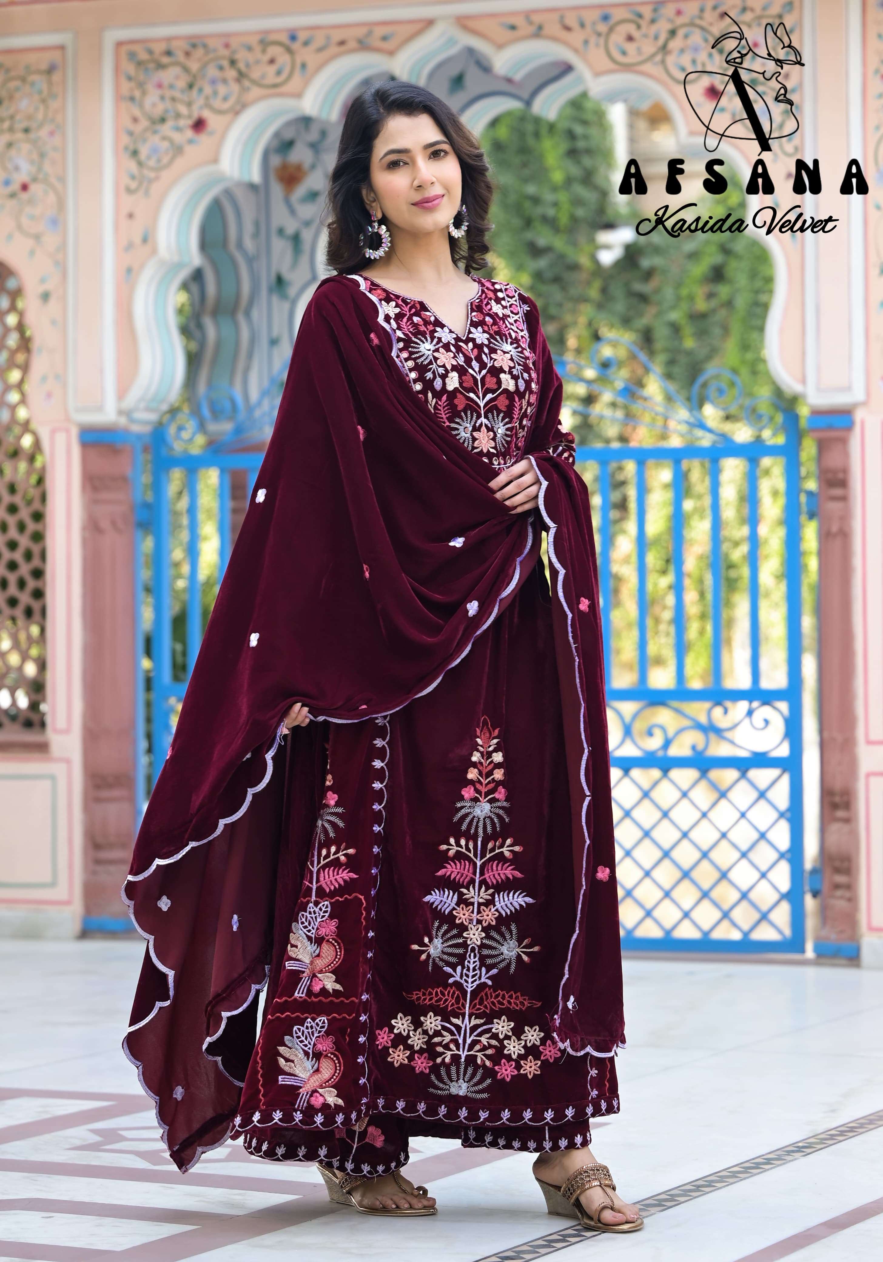 afsana kasida velvet velvet innovative embroidery look top bottom with dupatta size set