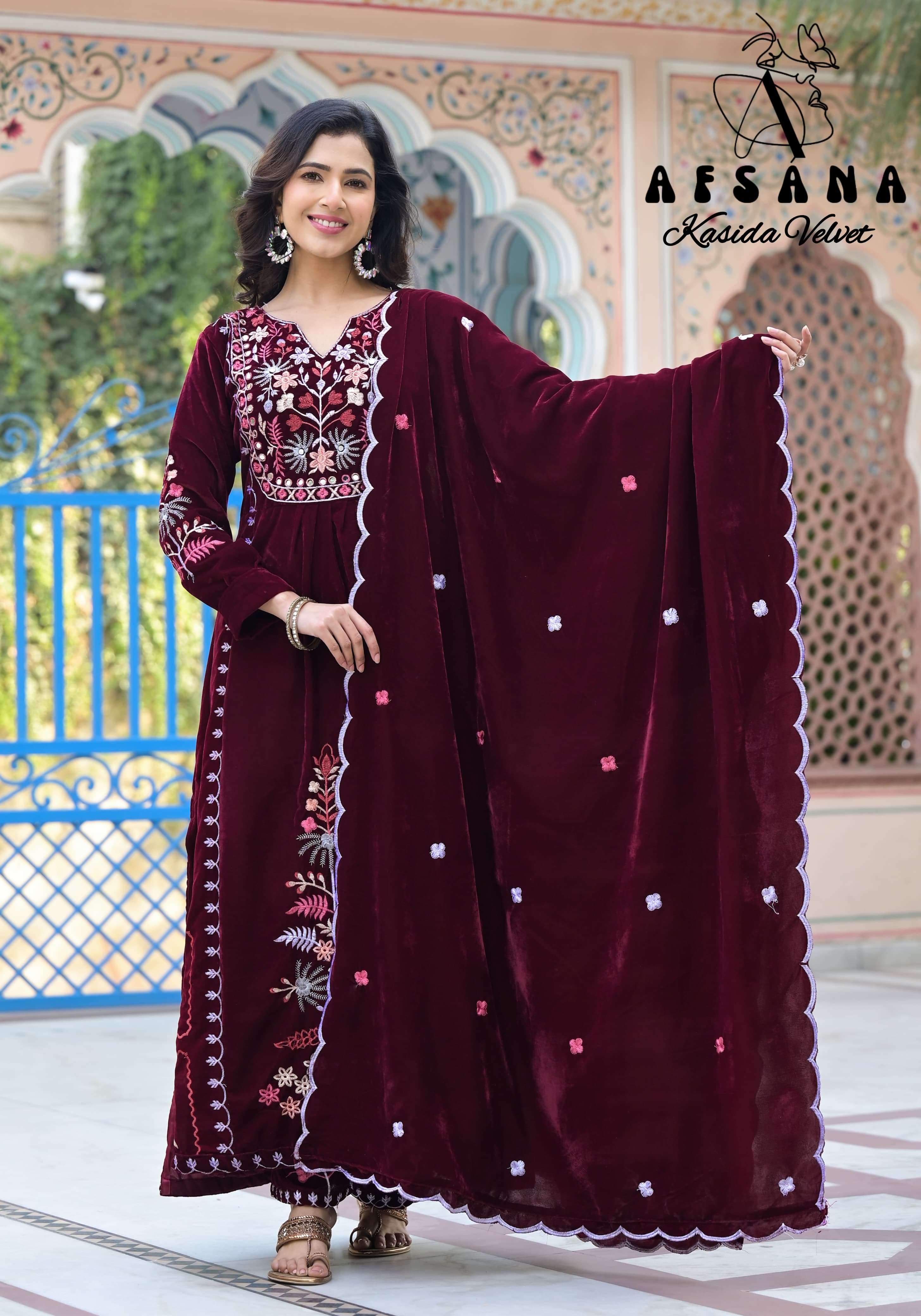 afsana kasida velvet velvet innovative embroidery look top bottom with dupatta size set