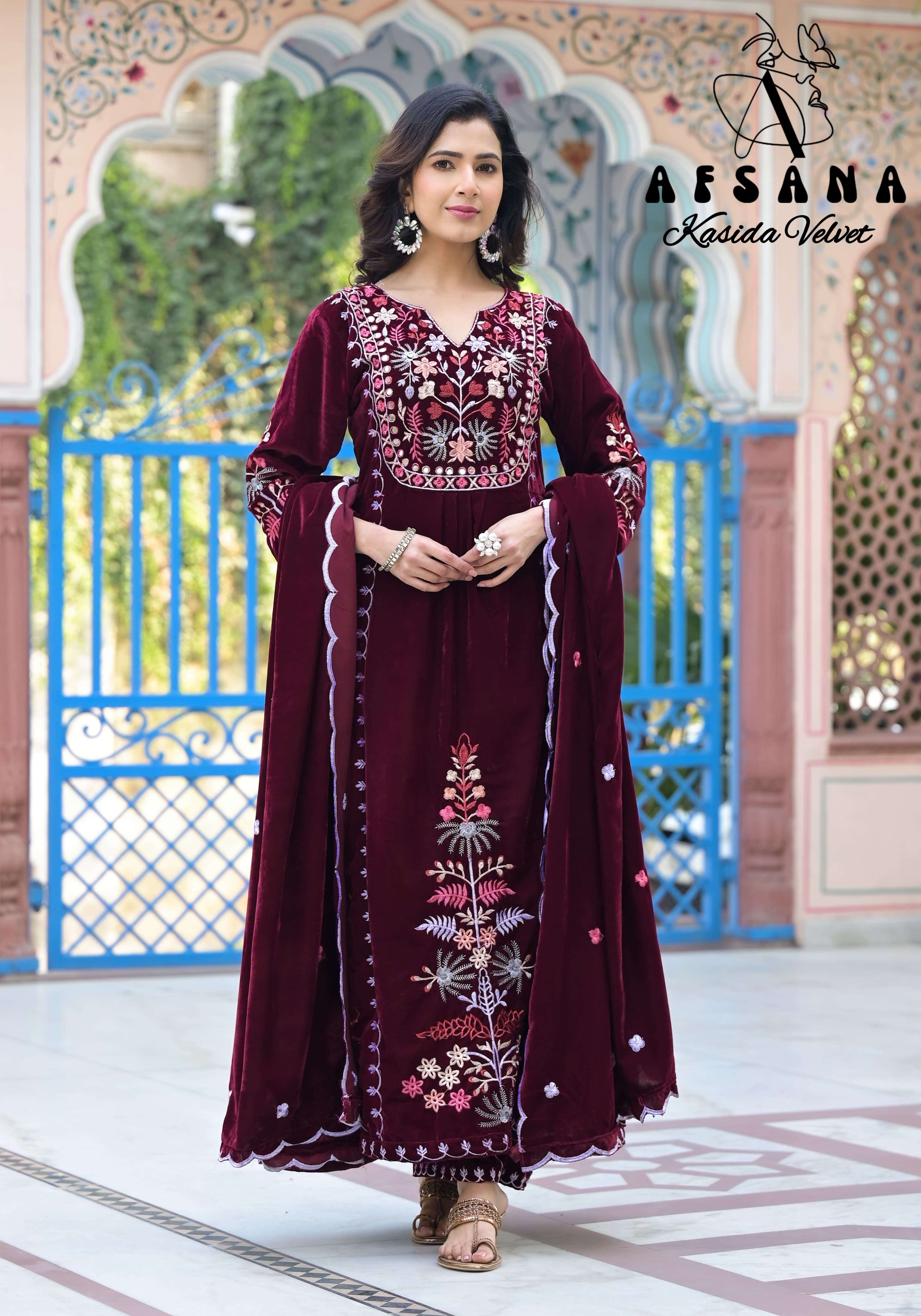 afsana kasida velvet velvet innovative embroidery look top bottom with dupatta size set