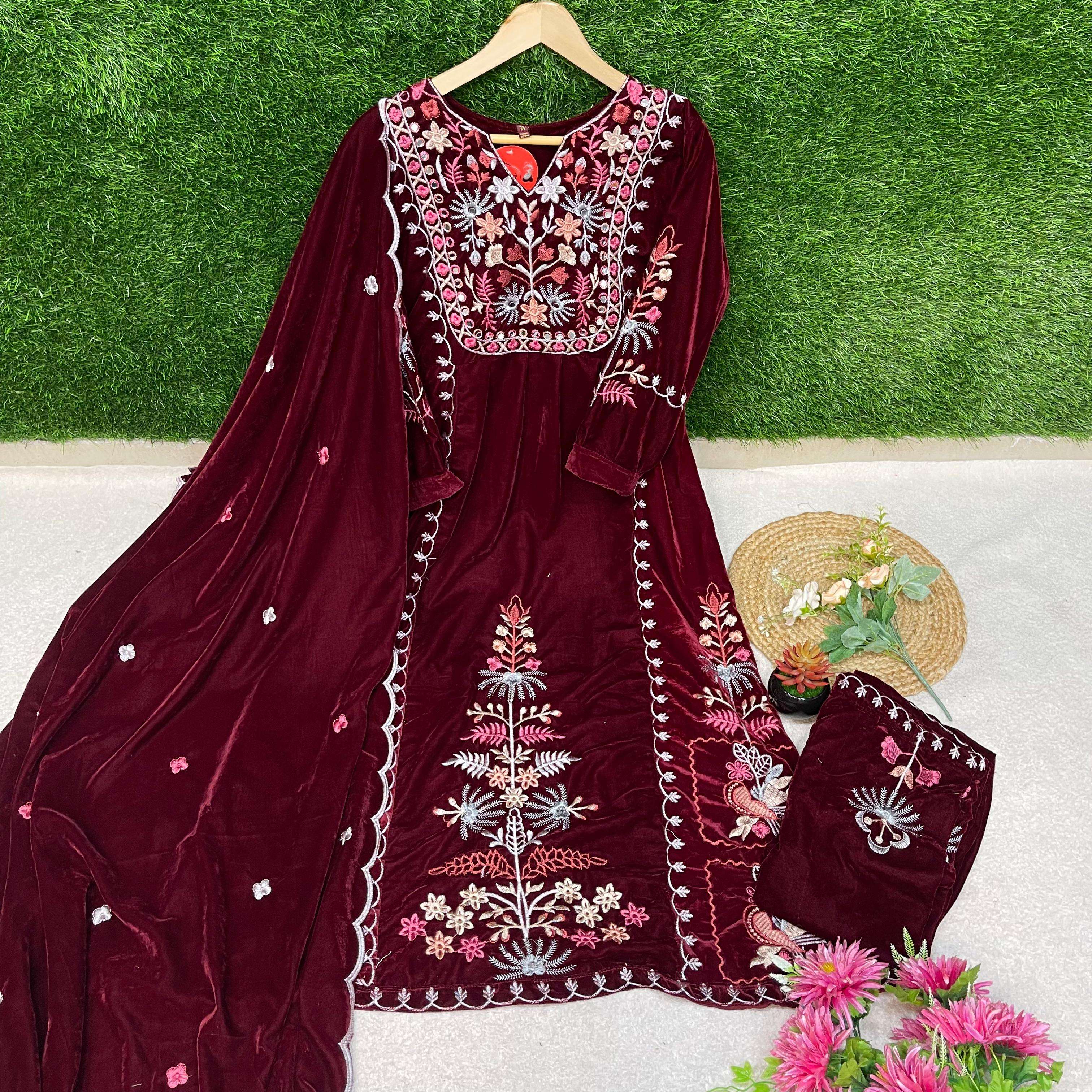 afsana kasida velvet velvet regal look top bottom with dupatta size set