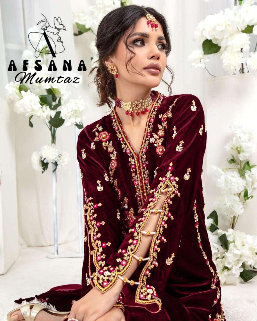 afsana mumtaz velvet regal look top bottom with dupatta size set