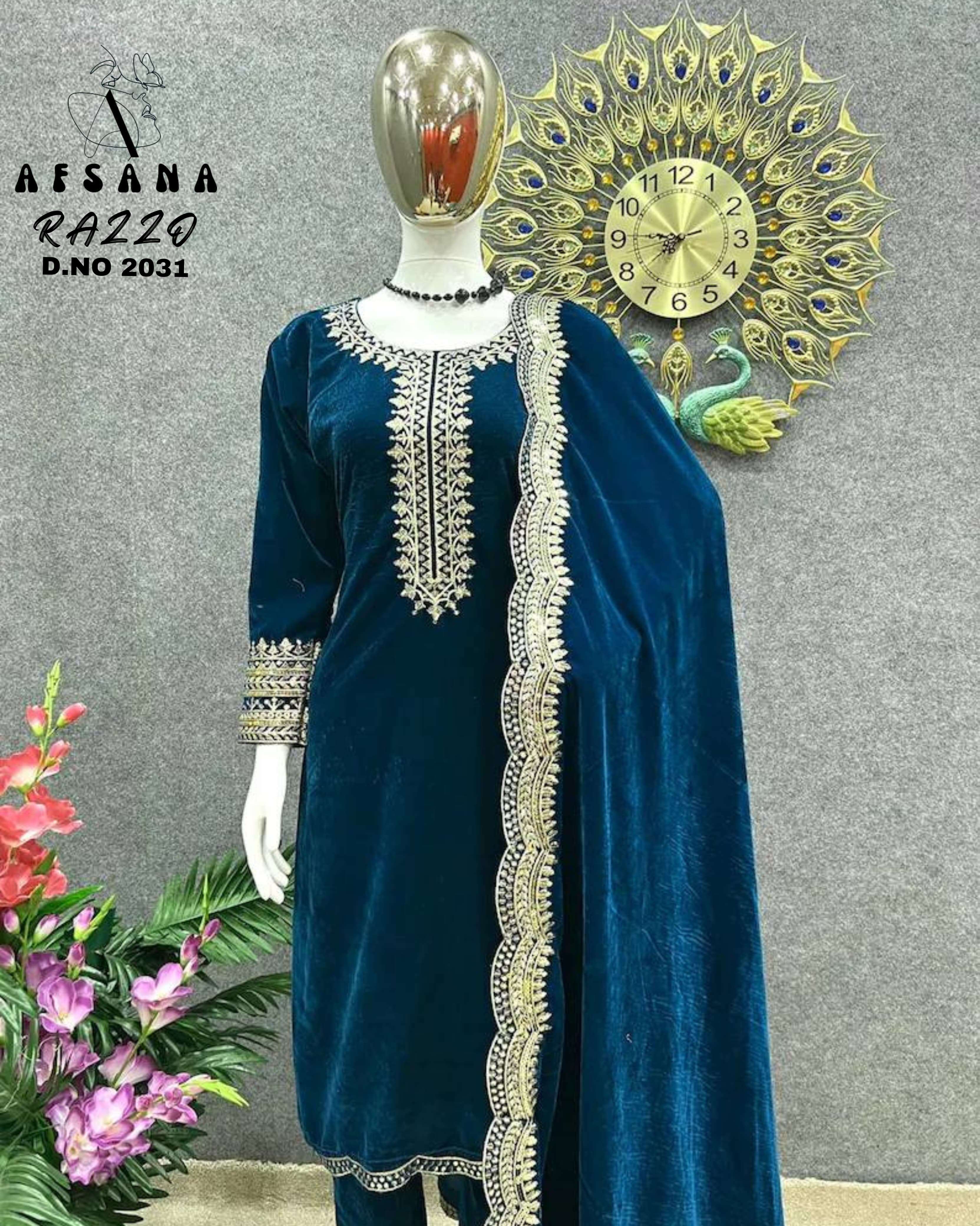 afsana razzo 2031 velvet regal look top bottom with dupatta size set