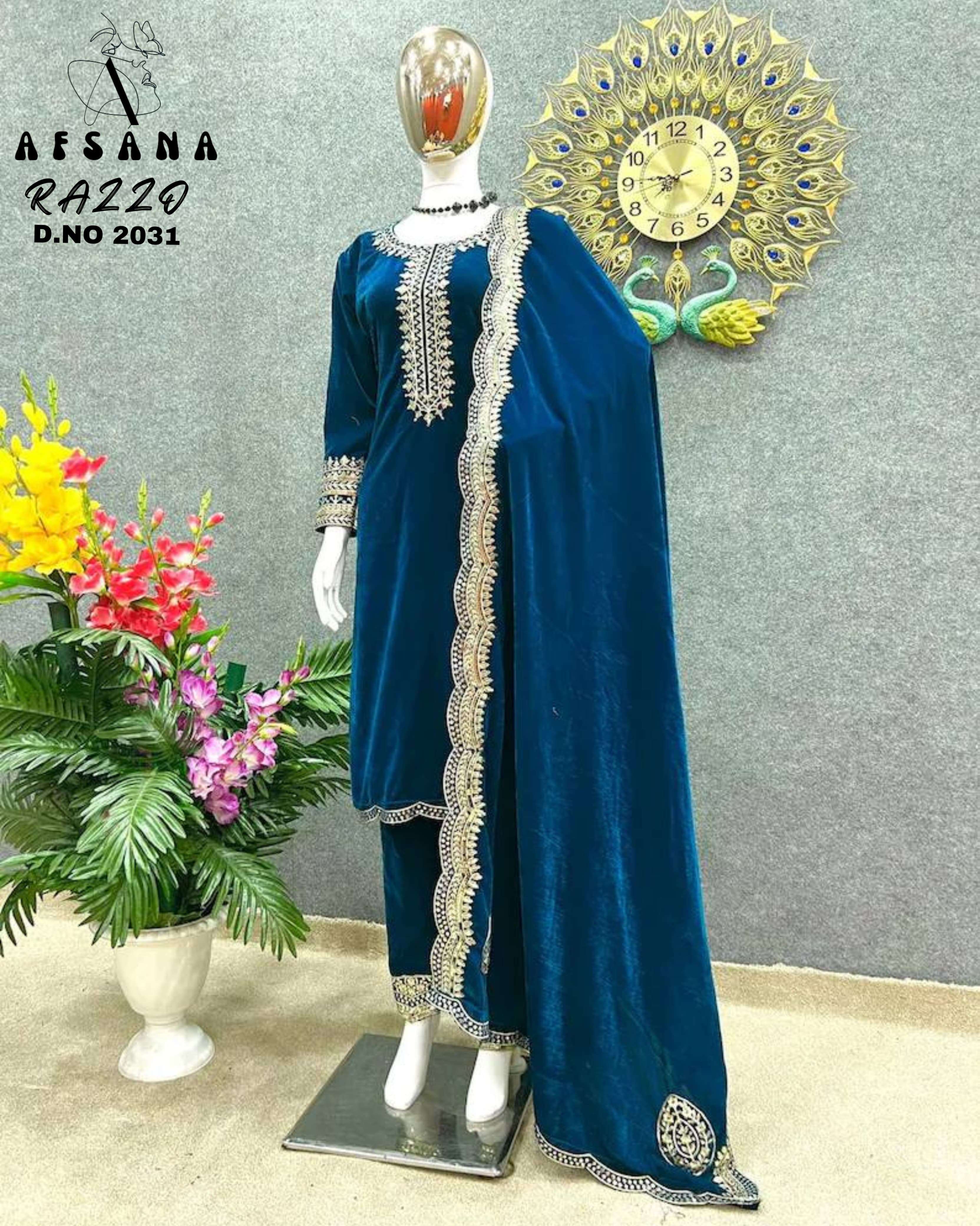 afsana razzo 2031 velvet regal look top bottom with dupatta size set