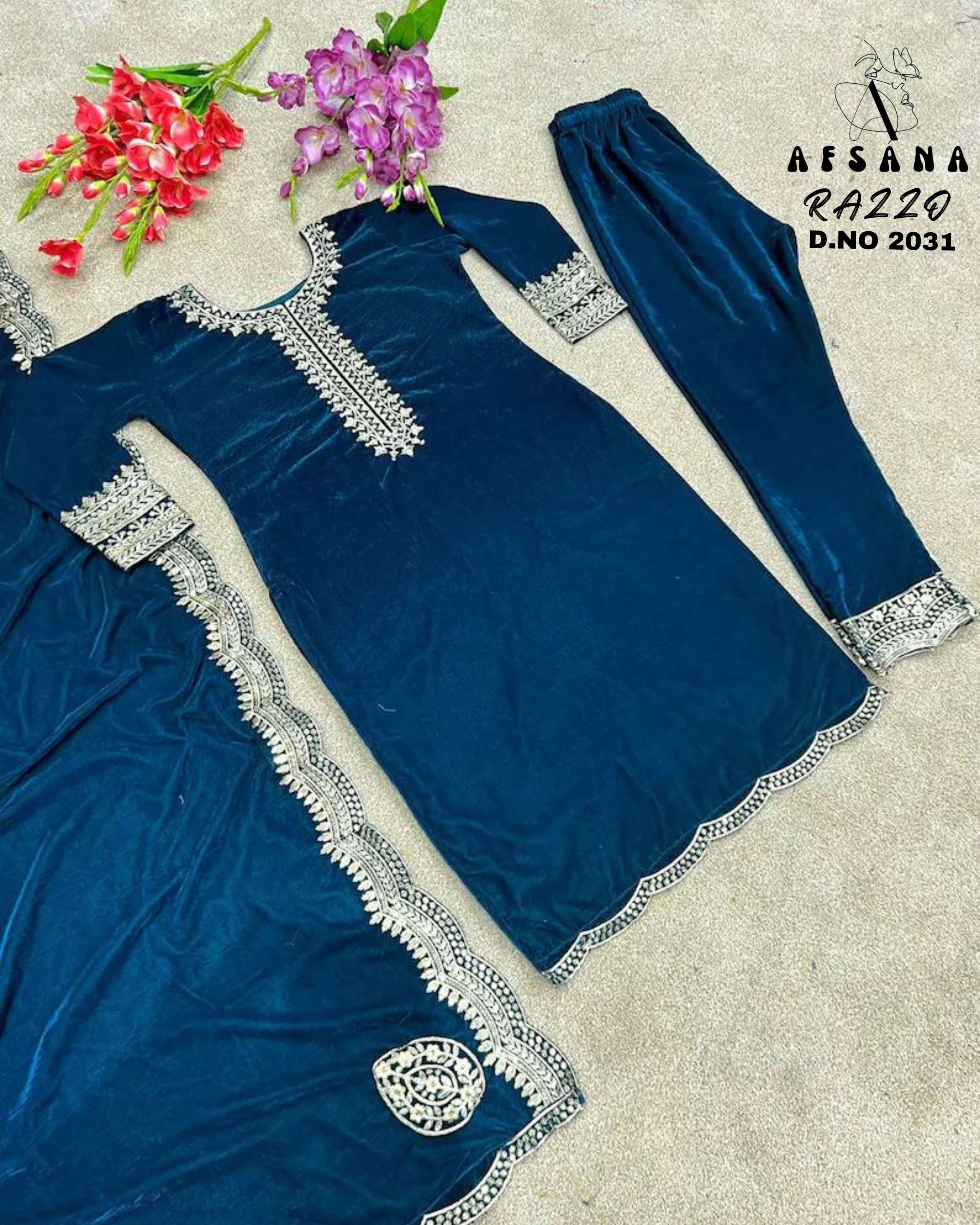 afsana razzo 2031 velvet regal look top bottom with dupatta size set