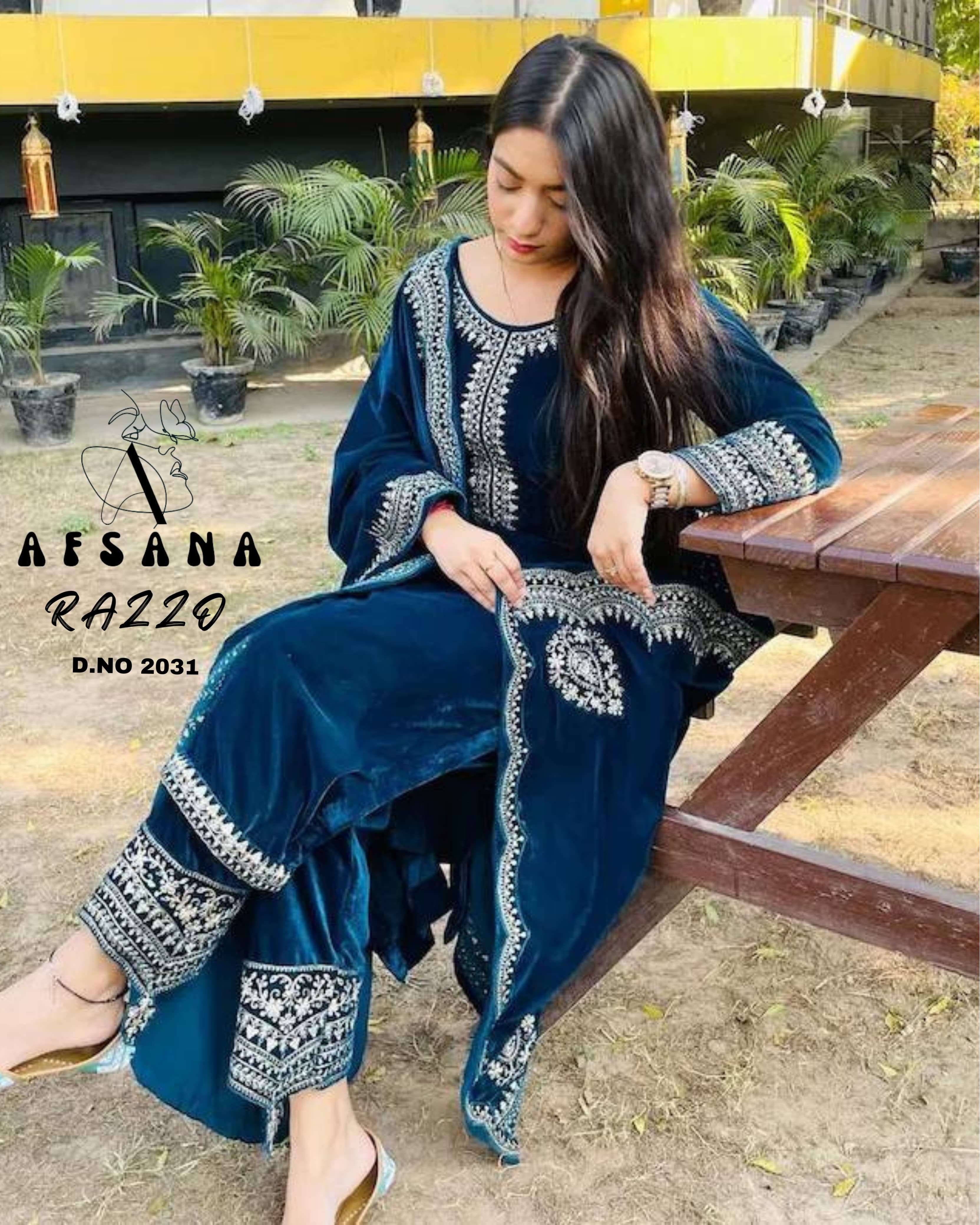 afsana razzo 2031 velvet regal look top bottom with dupatta size set