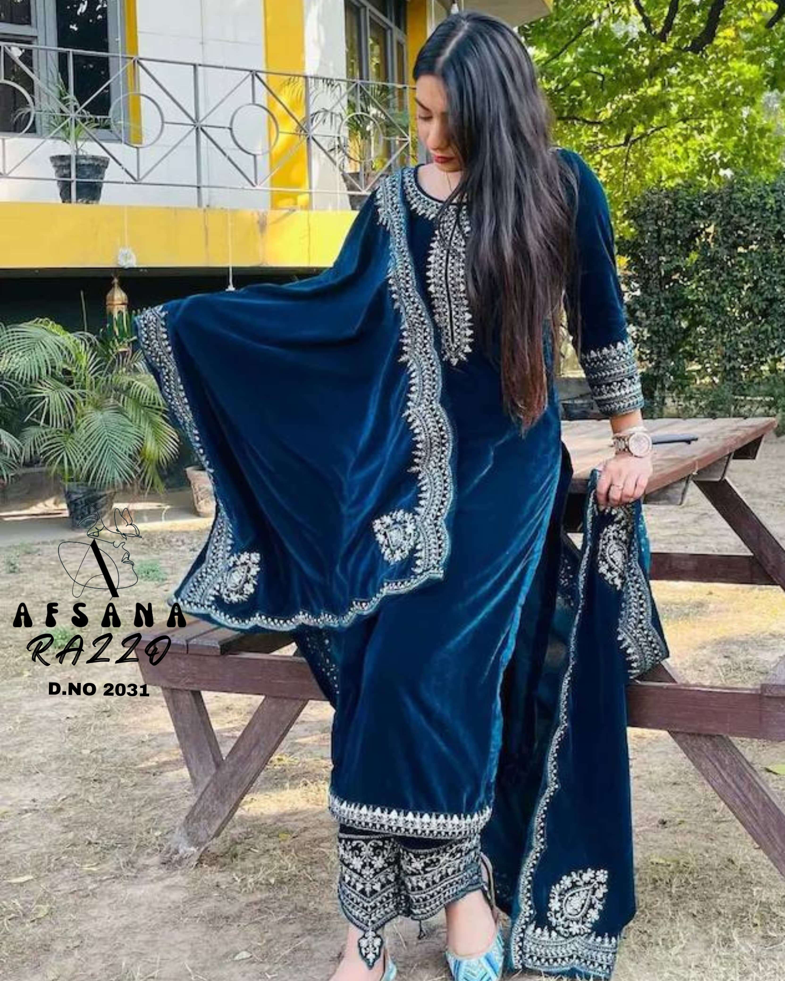 afsana razzo 2031 velvet regal look top bottom with dupatta size set