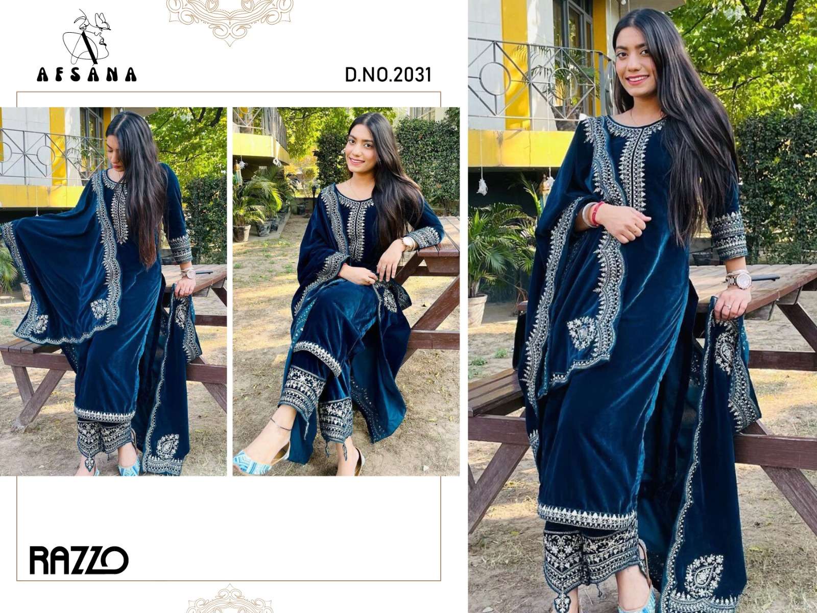 afsana razzo 2031 velvet regal look top bottom with dupatta size set