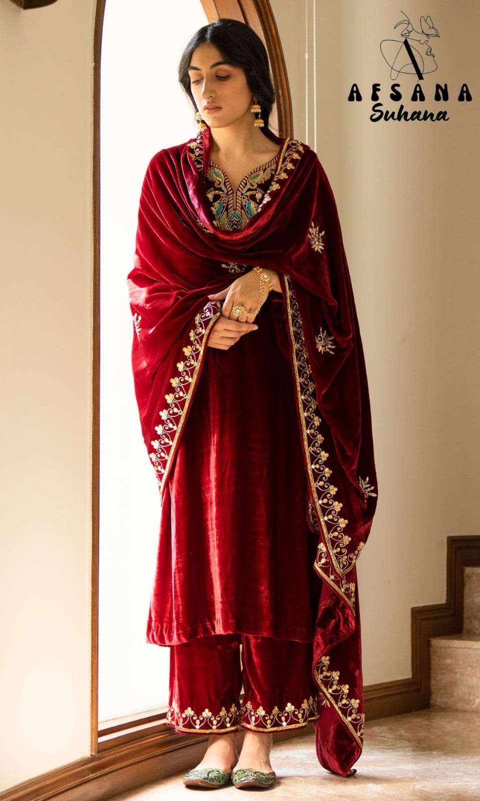 afsana suhana velvet regal look top bottom with dupatta size set