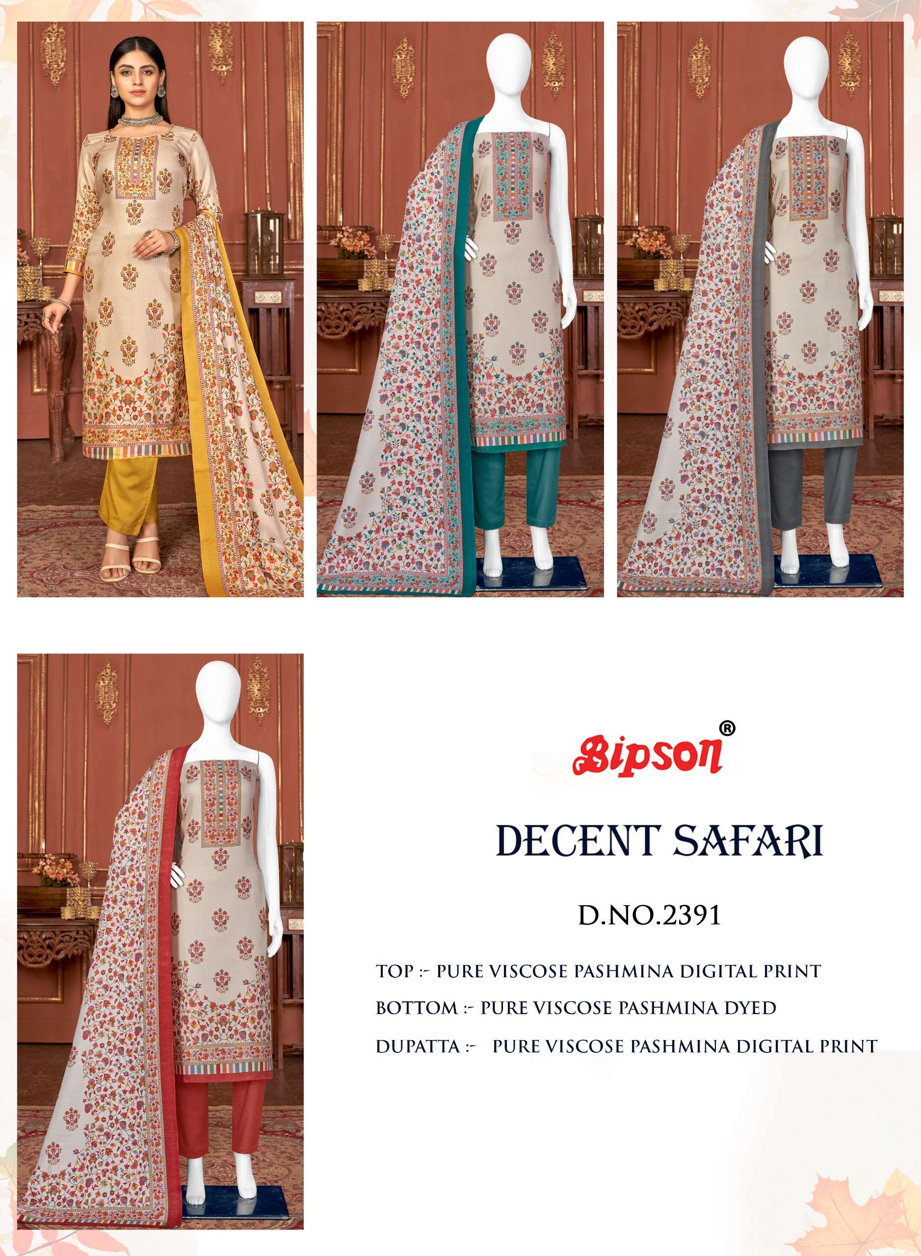 bipson decent safari 2391 viscose pashmina catchy look salwar suit catalog