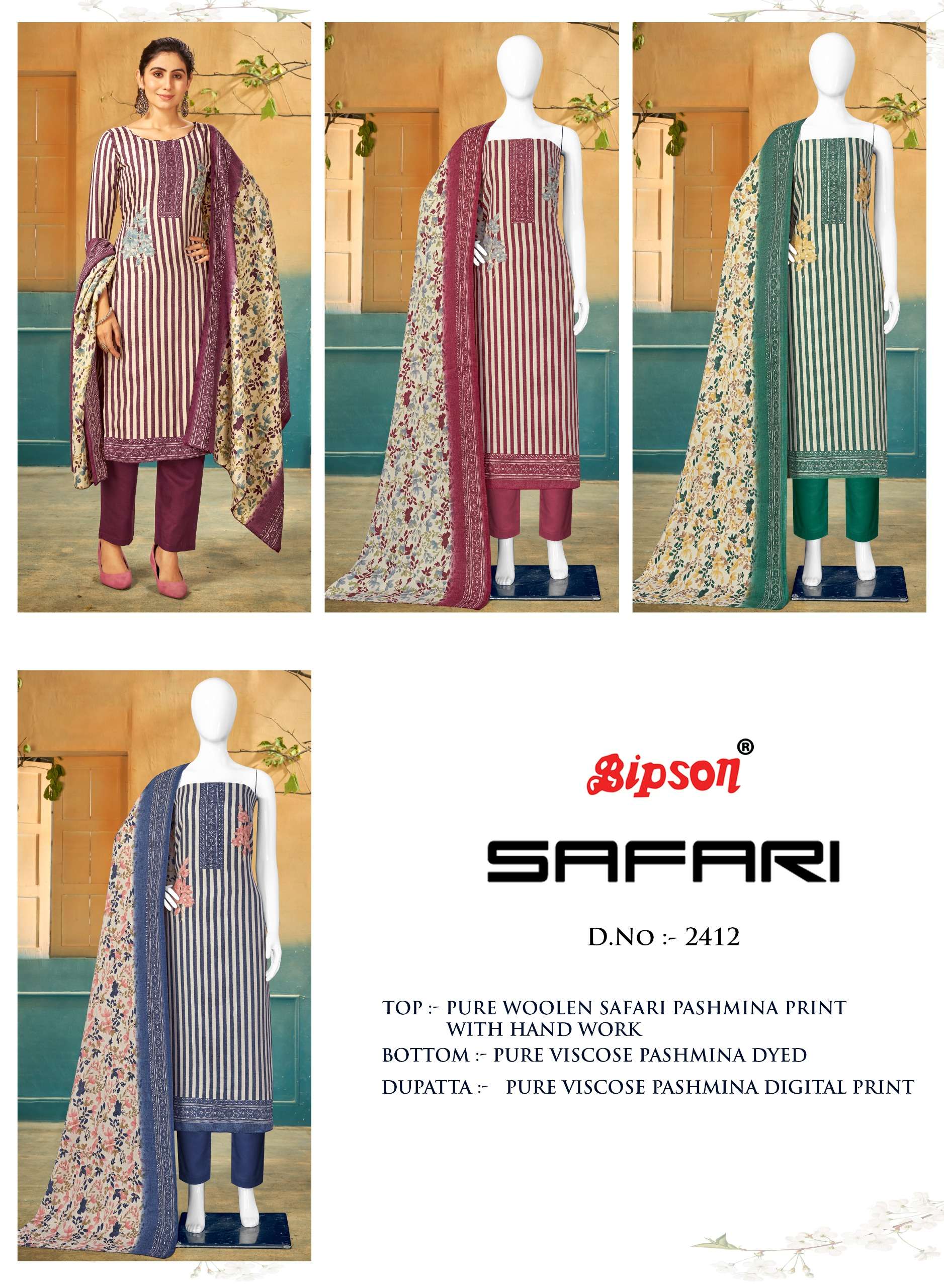 Bipson safari 2412 Pure Woollen Safari Pashmina Print elegant salwar suit catalog