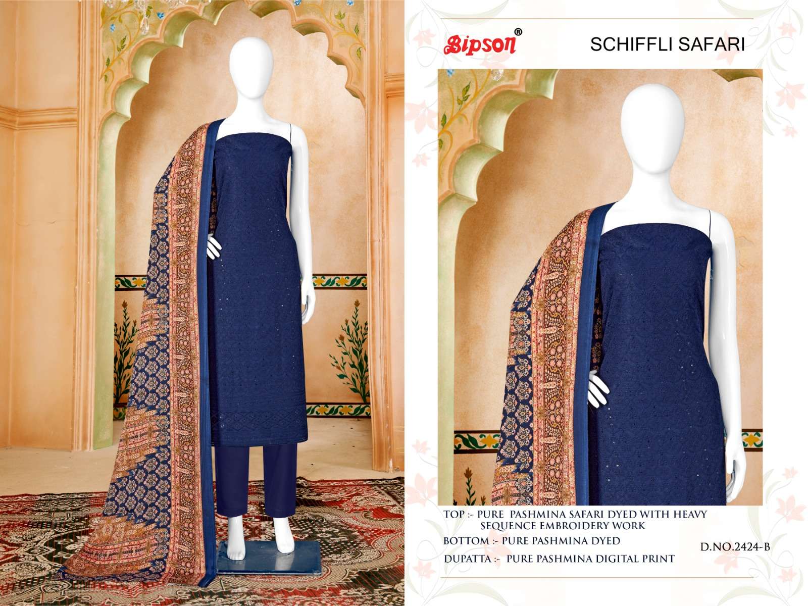 bipson schiffli safari 2424 Pure Safari Pashmina Dyed With Heavy Schiffli Sequence   beautiful look salwar suit catalog