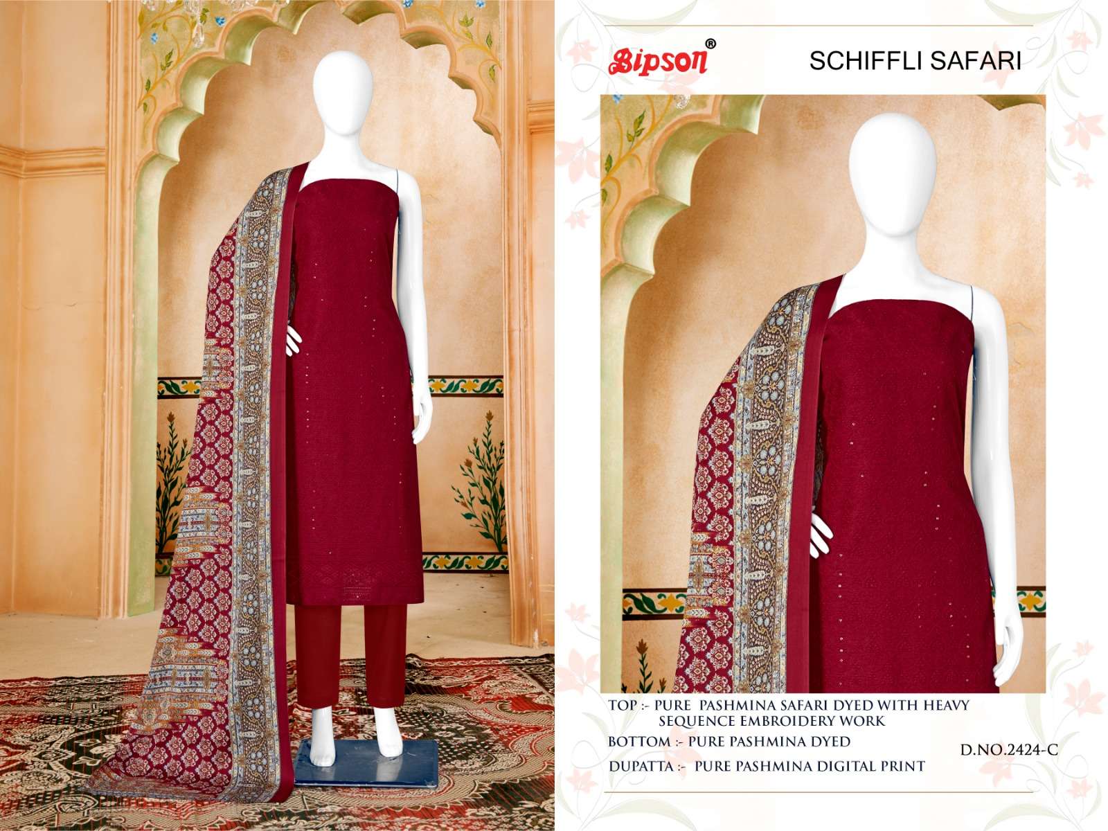 bipson schiffli safari 2424 Pure Safari Pashmina Dyed With Heavy Schiffli Sequence   beautiful look salwar suit catalog