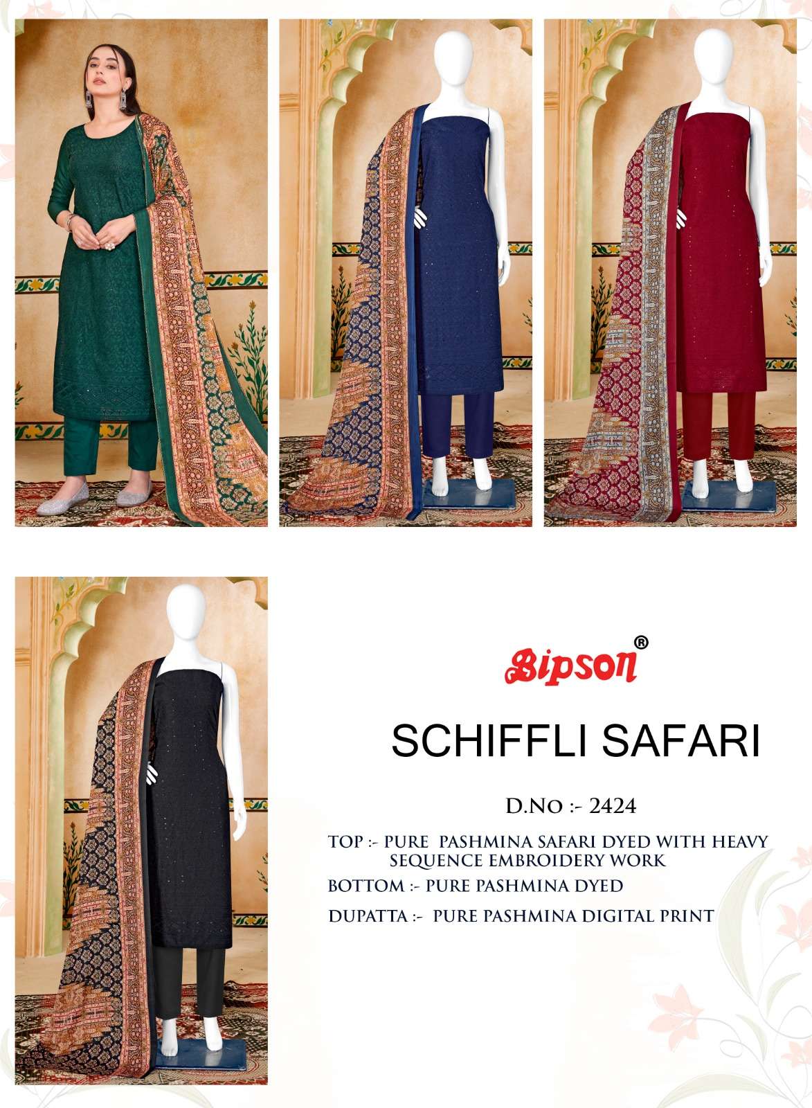 bipson schiffli safari 2424 Pure Safari Pashmina Dyed With Heavy Schiffli Sequence   beautiful look salwar suit catalog