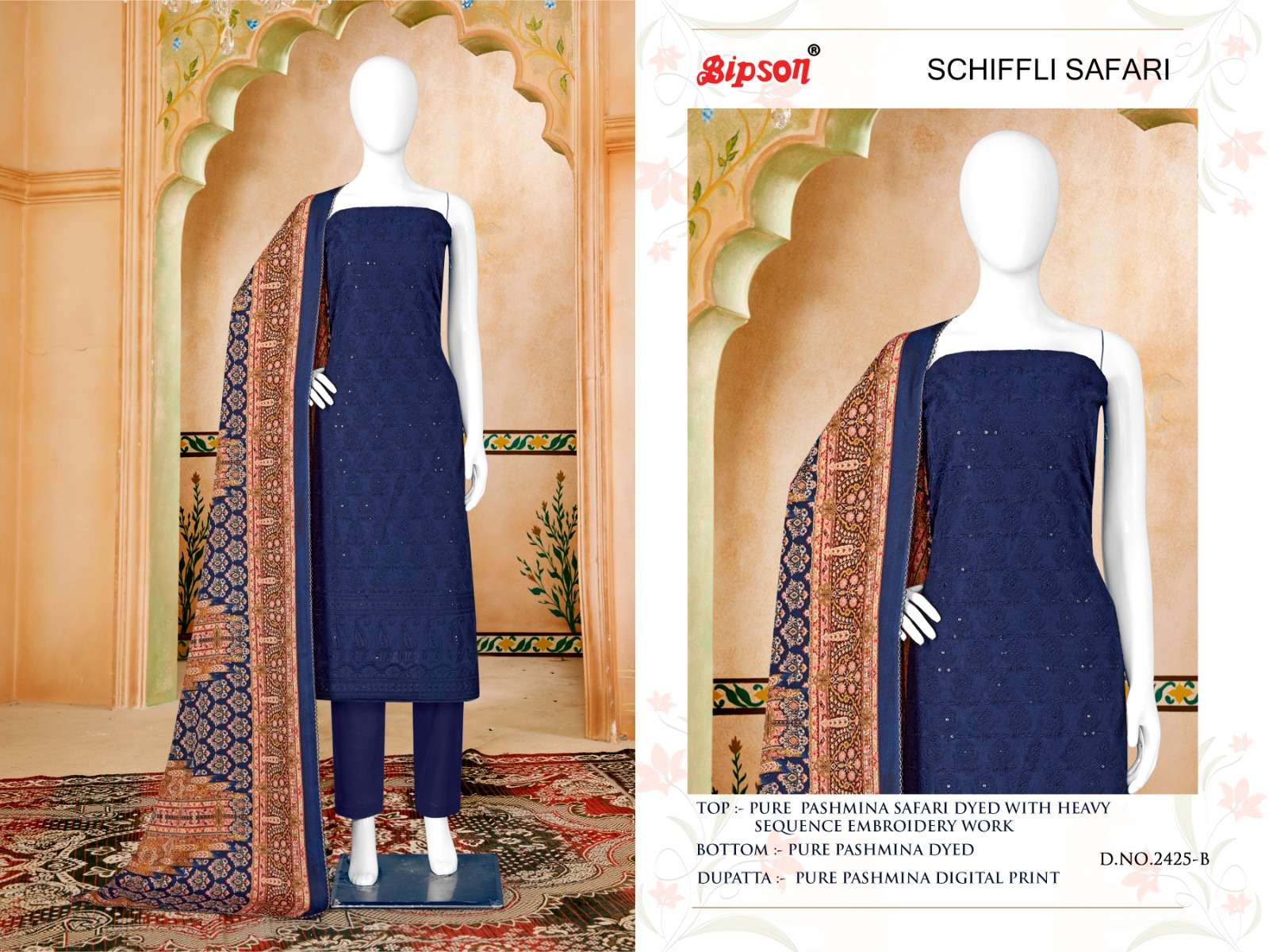 Bipson schiffli safari 2425  Pure Safari Pashmina Dyed With Heavy Schiffli Sequence  elegant salwar suit catalog