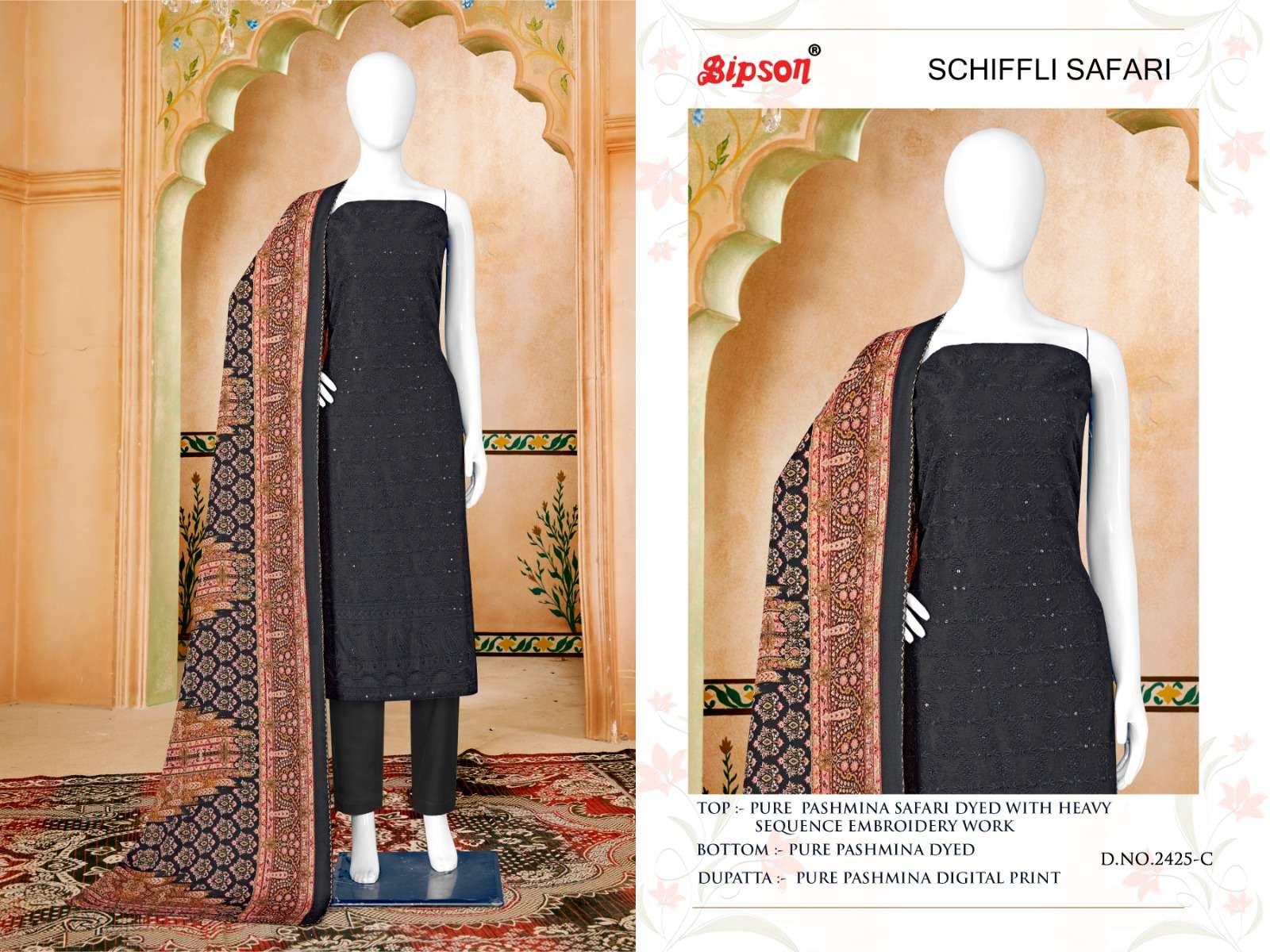 Bipson schiffli safari 2425  Pure Safari Pashmina Dyed With Heavy Schiffli Sequence  elegant salwar suit catalog