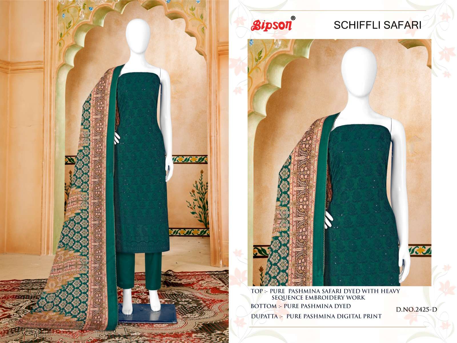 Bipson schiffli safari 2425  Pure Safari Pashmina Dyed With Heavy Schiffli Sequence  elegant salwar suit catalog