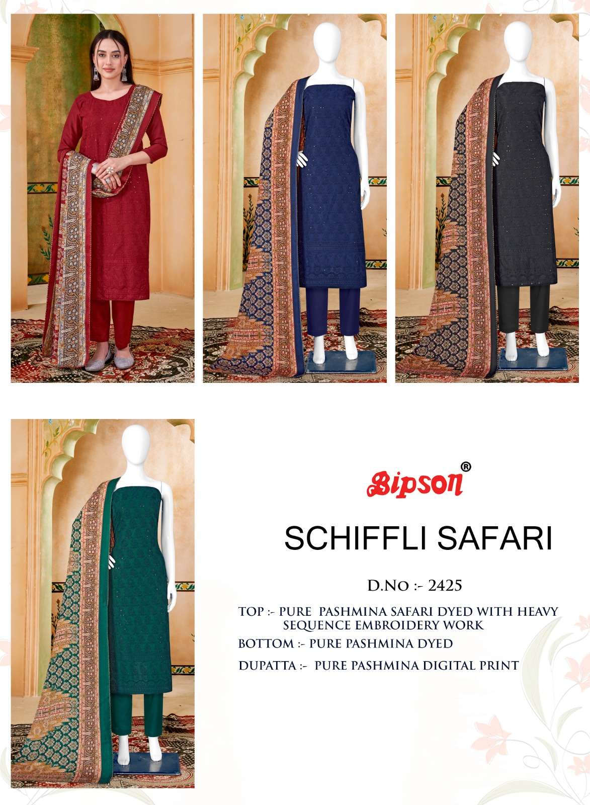 Bipson schiffli safari 2425  Pure Safari Pashmina Dyed With Heavy Schiffli Sequence  elegant salwar suit catalog