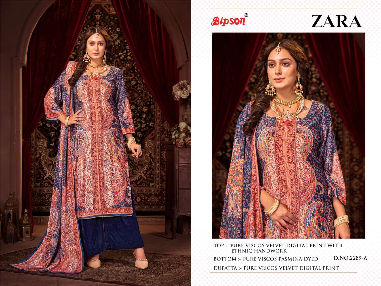 bipson zaara 2289 viscose velvet print attrective look salwar suit catalog