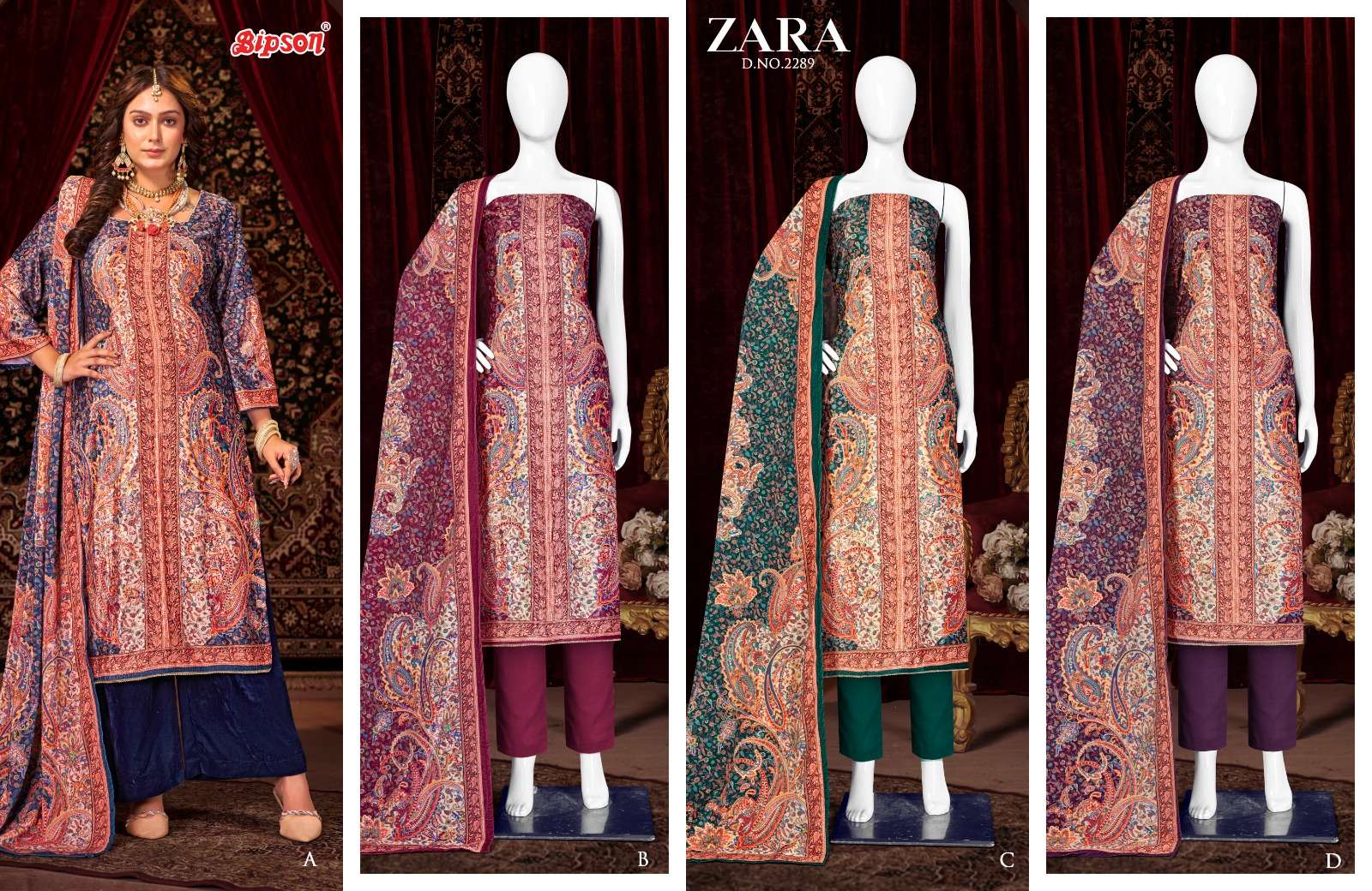 bipson zaara 2289 viscose velvet print attrective look salwar suit catalog