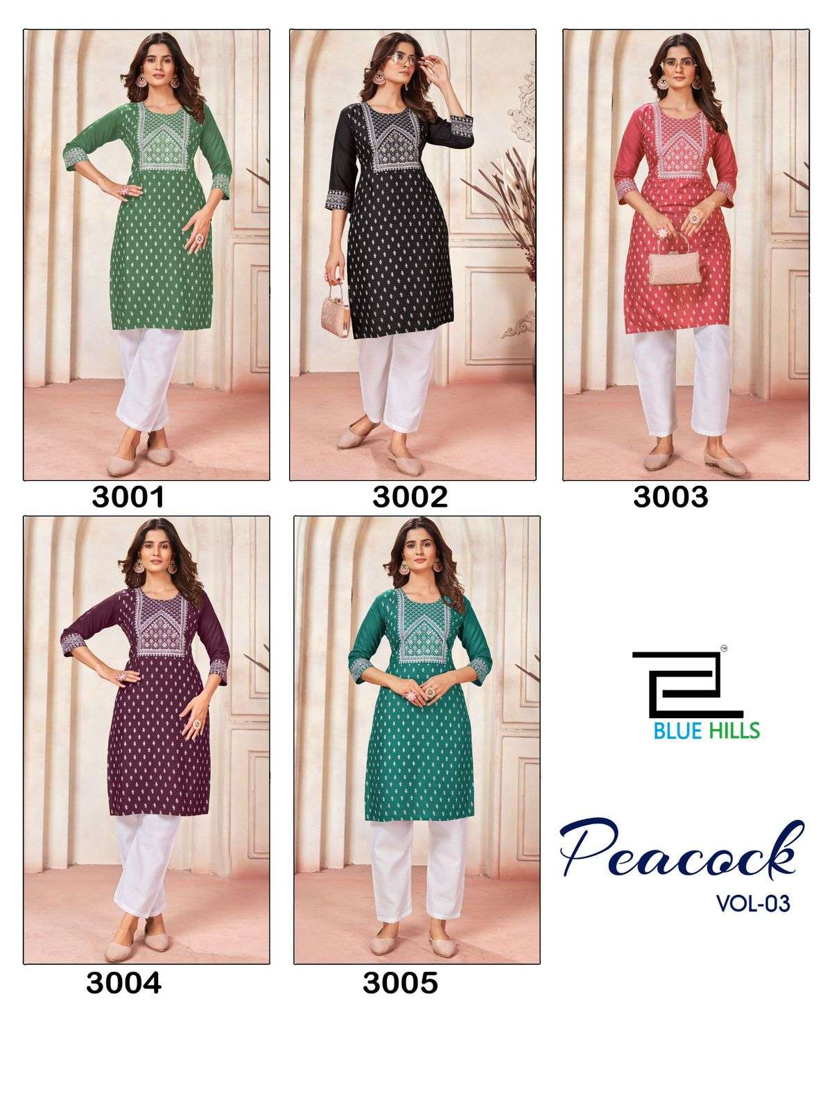 blue hills  Peacock Vol.3 rayon decent look kurti catalog