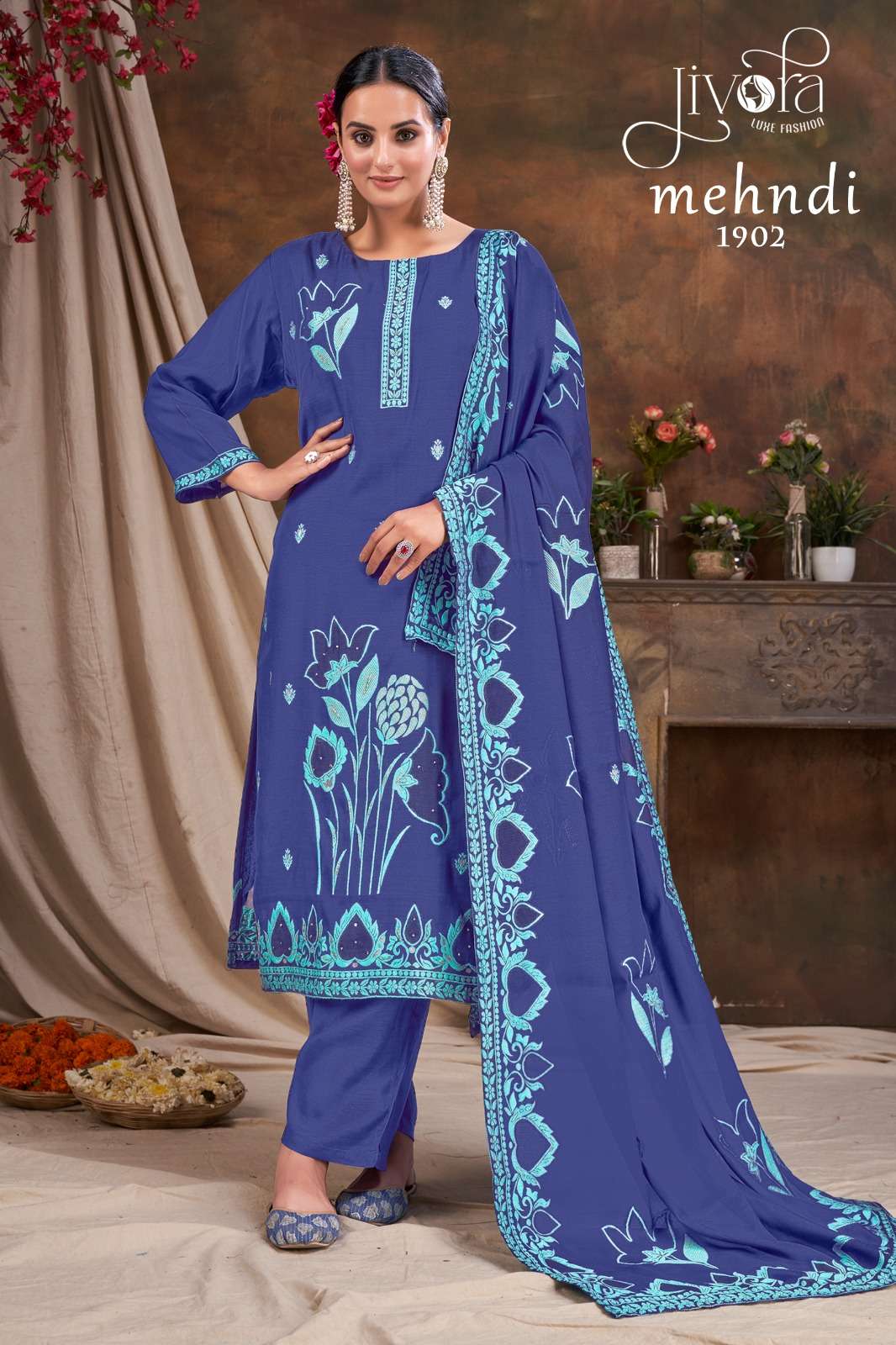 jivora mehndi viscose catchy look kurti pant with dupatta