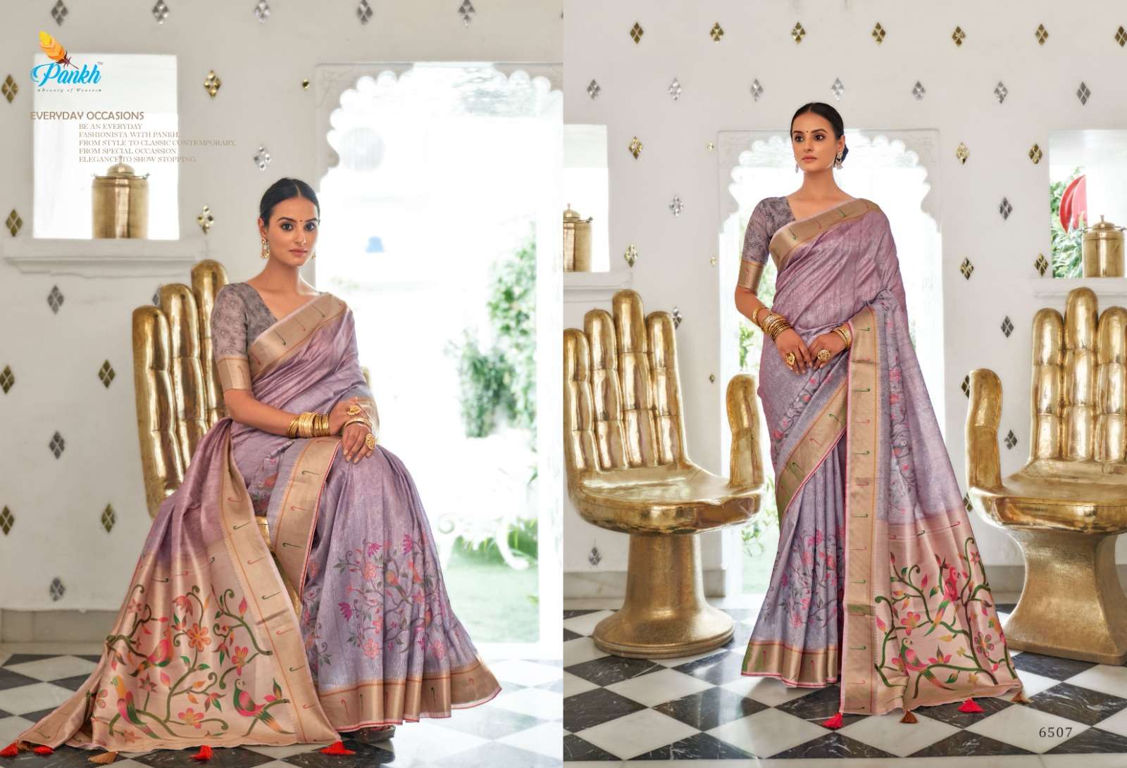 pink lotus pankh surkh digital print beautiful look saree catalog